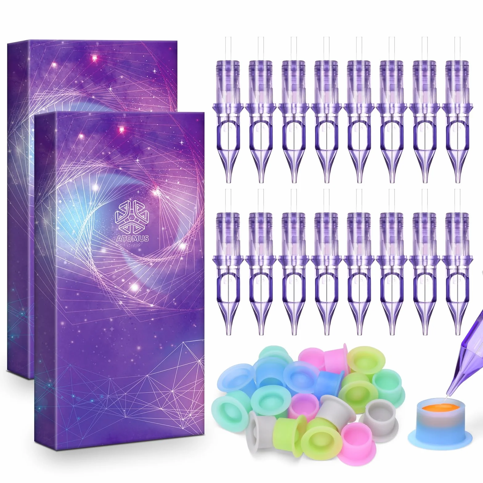 ATOMUS 20pcs Purple Tattoo Cartridge Needles 1001RL Liner Permanent Eyebrow Disposable Silicone Ink Cups for Tattoo Gun Pen Rotary Machine