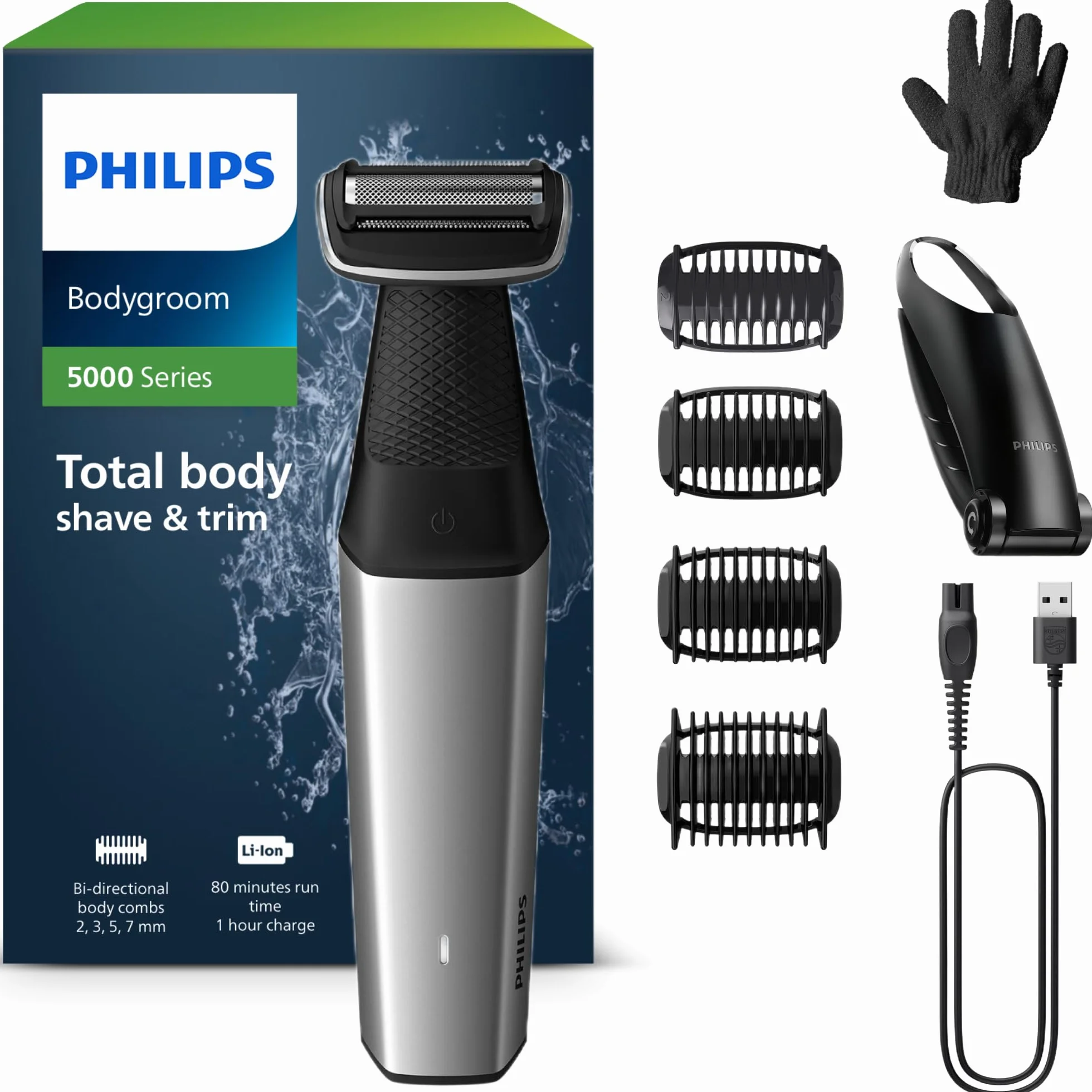 Philips Bodygroom 5000, Trymer do Pachwin i Ciała z Możliwością Użytkowania pod Prysznicem, Dokładne i Wygodne Golenie, Pielęgnacja Całego Ciała, w Tym Pleców, 60 Min Czas Pracy, Model Bg5021/16
