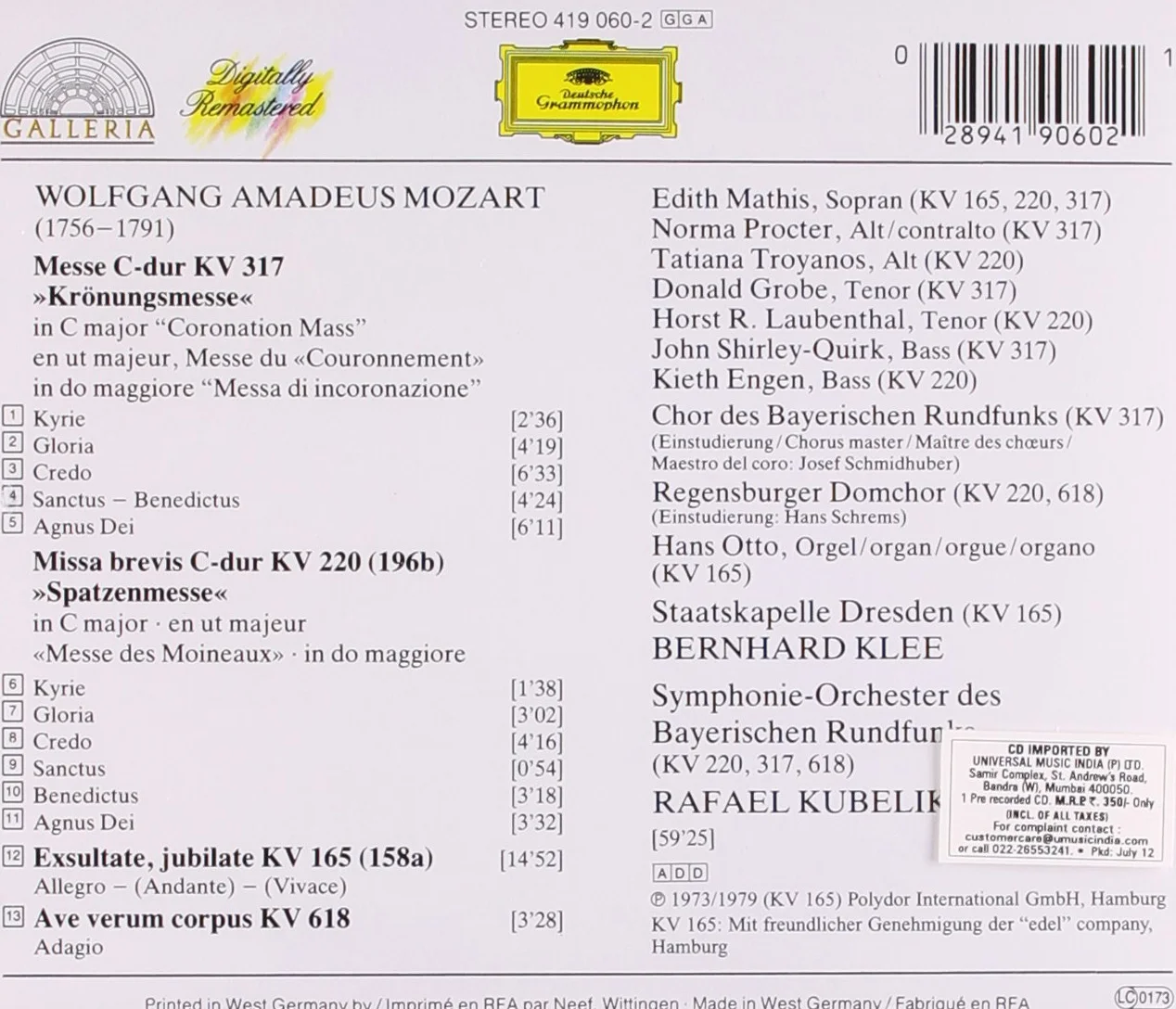 Mozart: "Coronation Mass"; "Spatzenmesse"; Ave verum corpus; Exsultate, jubilate