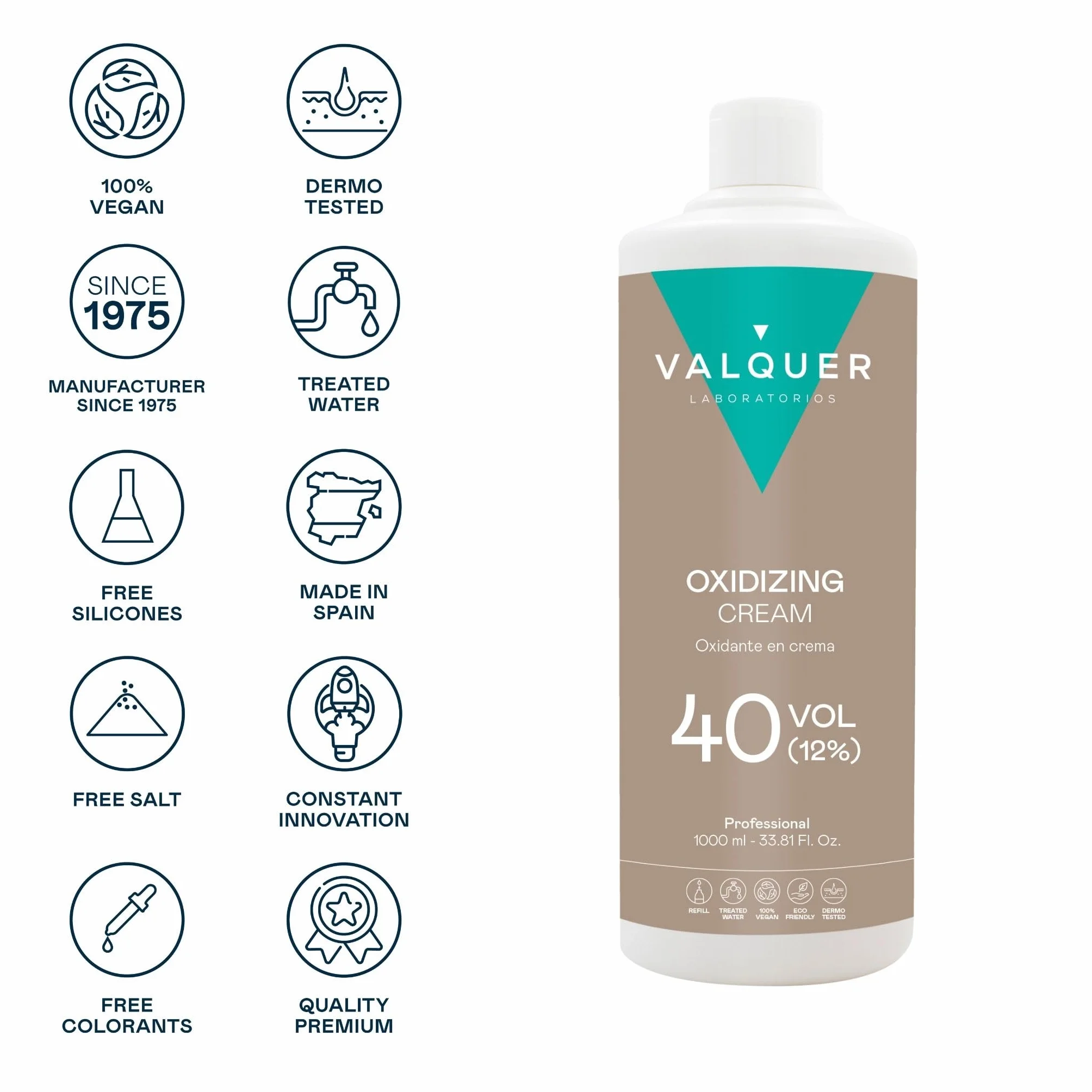 VALQUER Woda Utleniona w Kremie | Profesjonalny Utleniacz Fryzjerski do Koloryzacji i Rozjaśniania Włosów | Stabilizowana Kremowa Formuła | 40 Vol 12% | 1000 ml