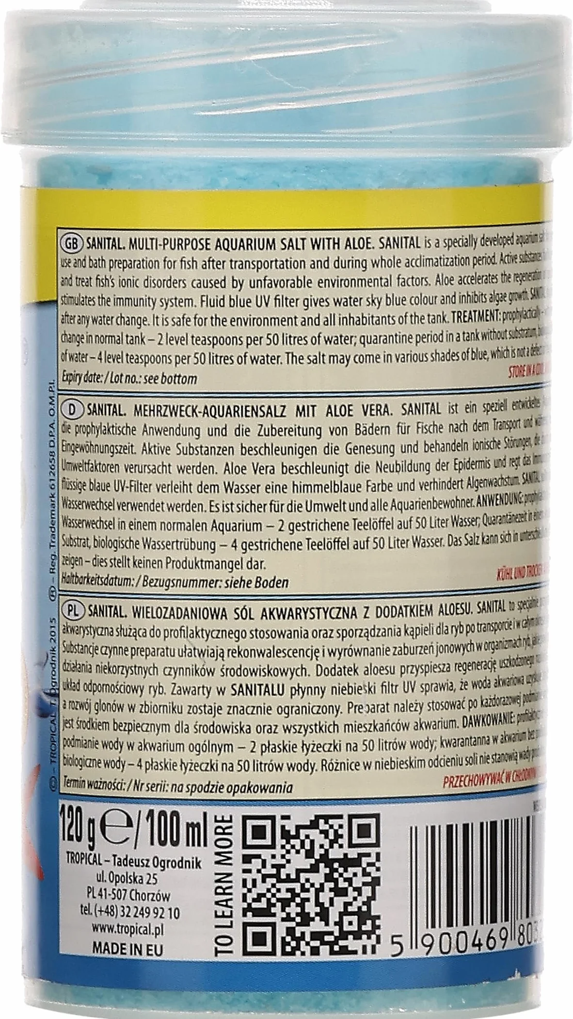 Sól akwarystyczna z aloesem SANITAL + ALOEVERA 100ml 120g