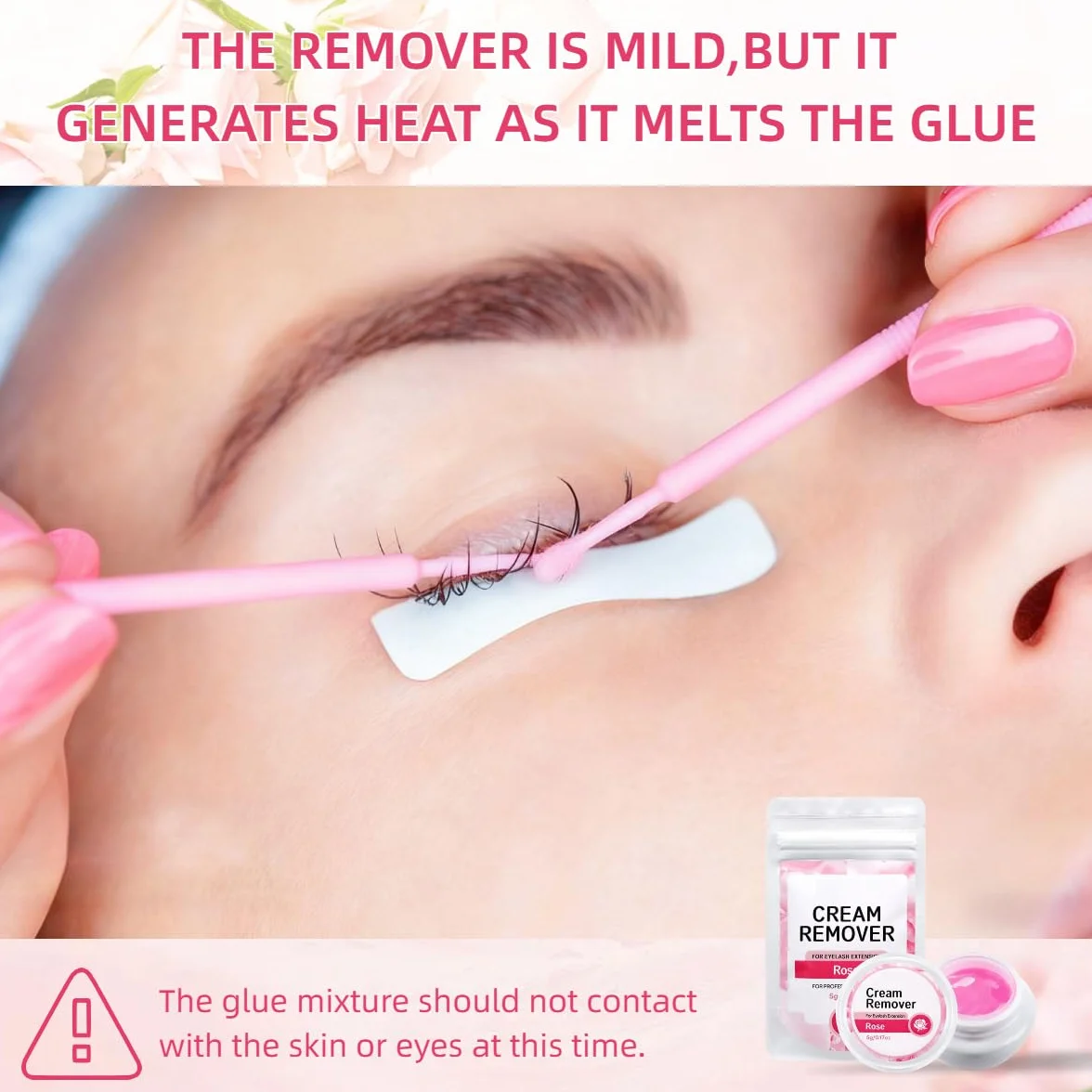 Lash Remover, krem do usuwania rzęs, przedłużanie rzęs z 100 wacikami, nadaje się do usuwania rzęs bez śladów, niskie podrażnienia, różowy, 5 g