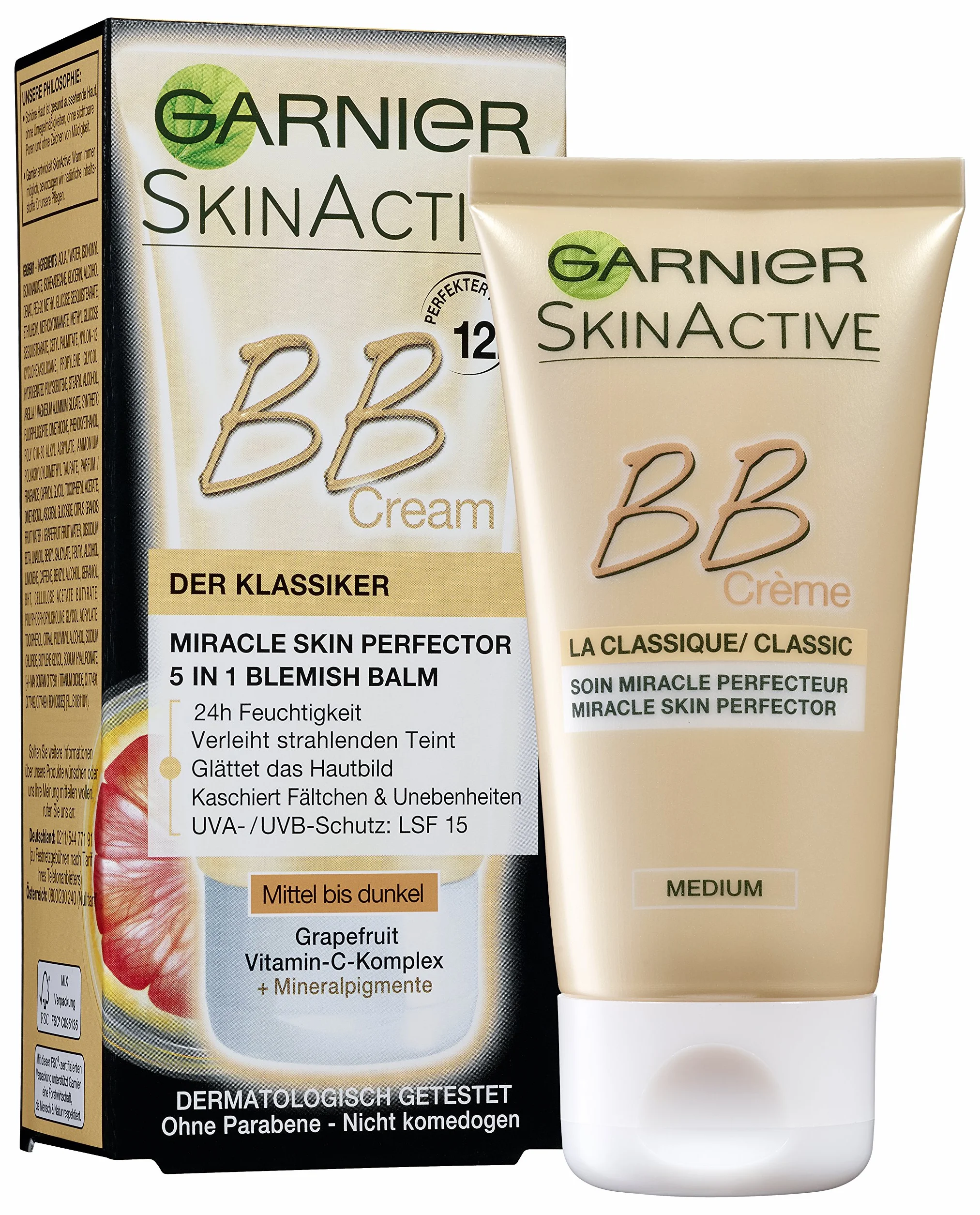 Garnier Krem BB, przyciemniany krem na dzień, nadaje promiennej cerze, wygładza cerę, maskuje zmarszczki, LSF 15, średni do ciemnego, 50 ml
