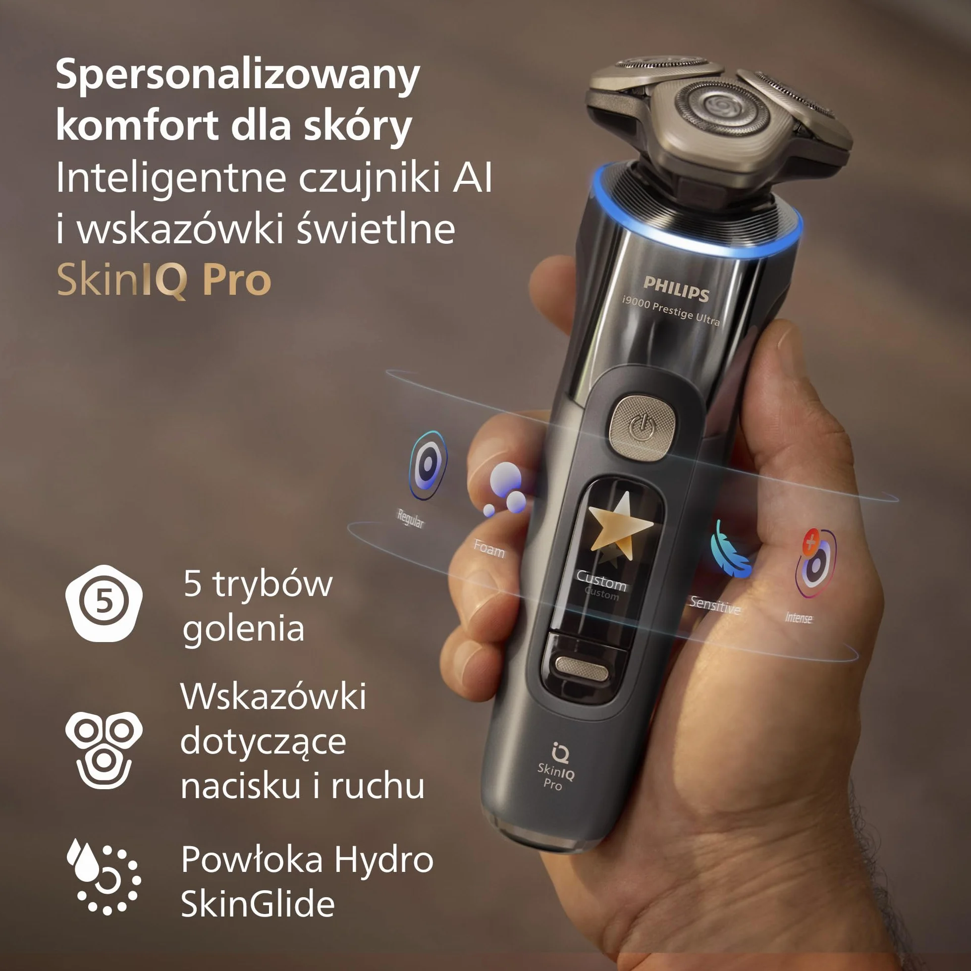 Philips Shaver i9000 Prestige Ultra, golarka elektryczna, Skin IQ Pro, Triple Lift & Cut, obrotowe 360º ostrza, 5 trybów, Model XP9402/46