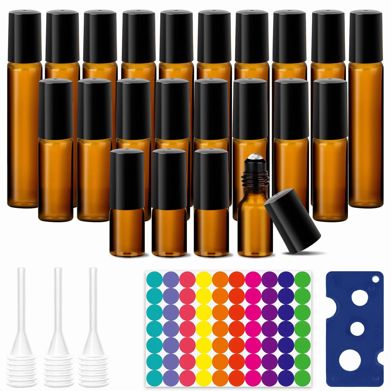 Roll szklane butelki mini puste: 22 sztuki szklanych butelek z olejkami eterycznymi, 3/5/10 ml, brązowa butelka, pusta, wielokrotnego użytku, odporna na promieniowanie UV, w zestawie z