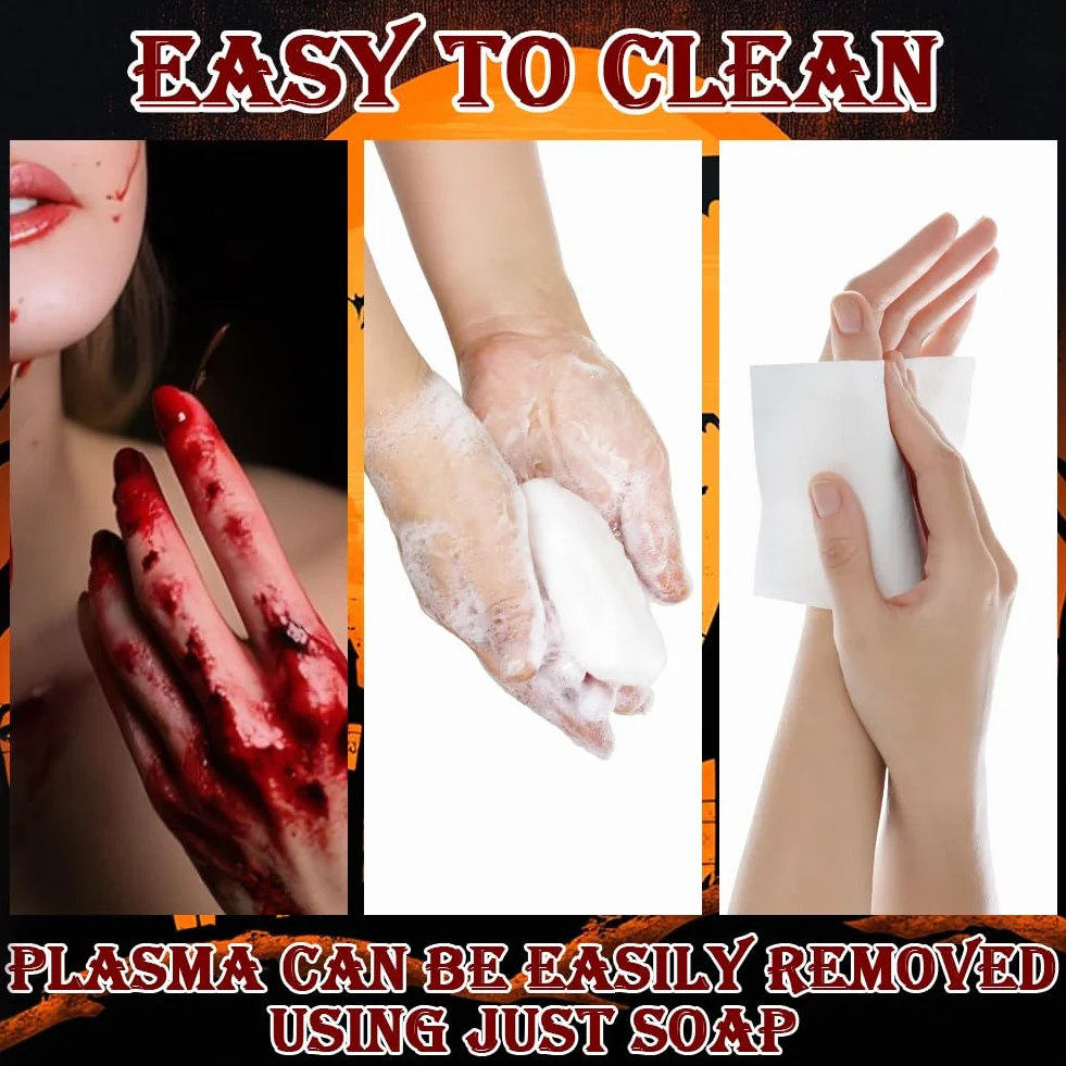 Sztuczna krew makijaż Halloween zestaw 6 sztuk 2×60ml Kapiąca 50ml Zakrzepła plazma krwi Gąbka stipple 2×Zszyte blizny tatuaże Fake Blood realistyczna SFX