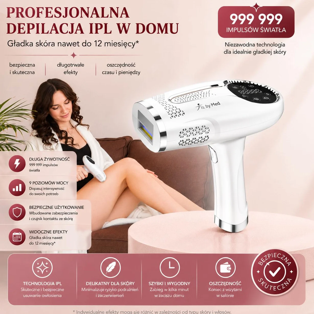 Depilator IPL Ice Cool z Chłodzeniem – 1 000 000 Impulsów, 9 Poziomów Mocy, Tryb AUTO, Czujnik Skóry – Biały FitbyMed