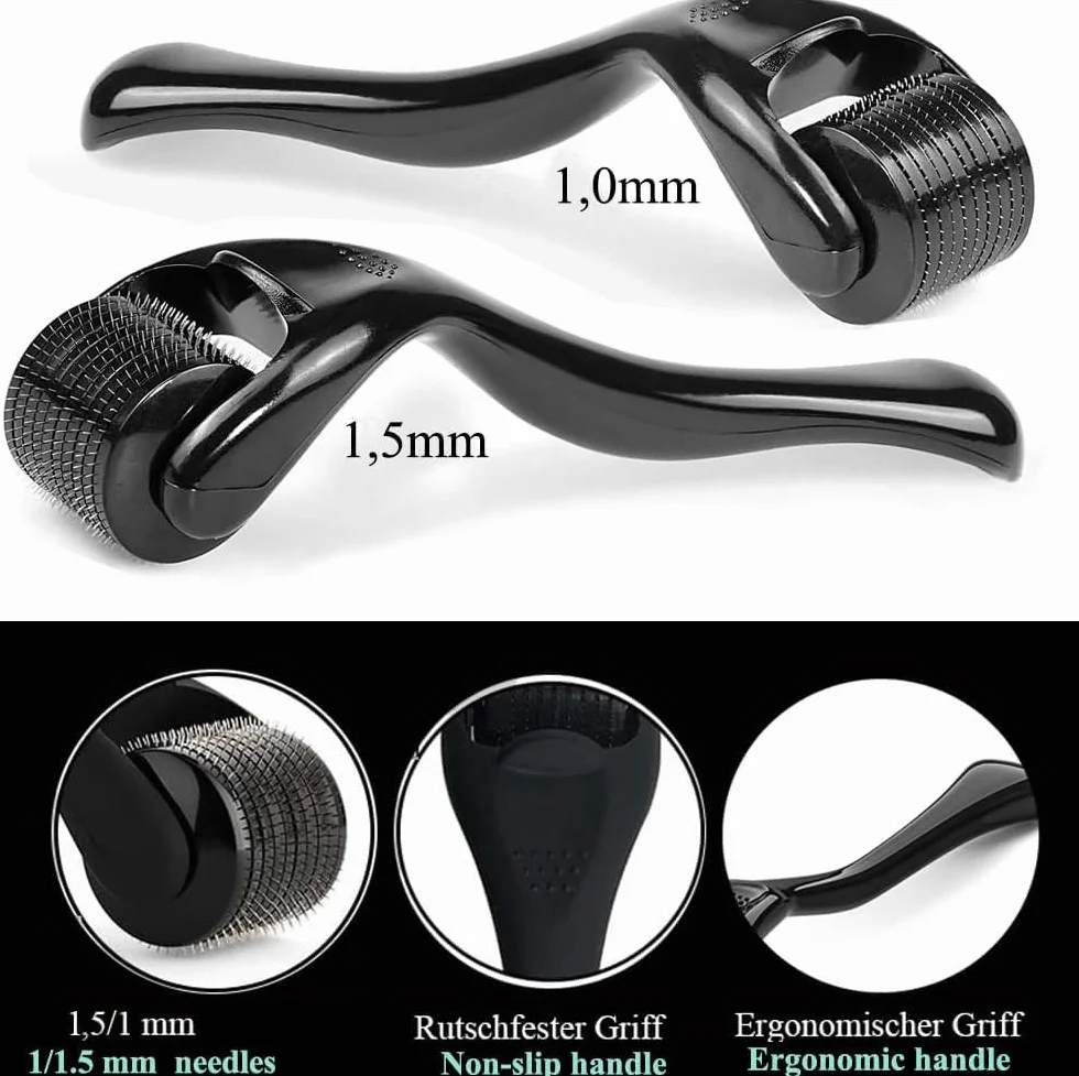 Derma Roller 1 mm 1,5 mm, wałek do mikroigłowania, wałek do brody, z 540 igłami, mikroigły, derma roller dla mężczyzn i kobiet, pielęgnacja włosów, twarzy i ciała, rozstępy, czarne