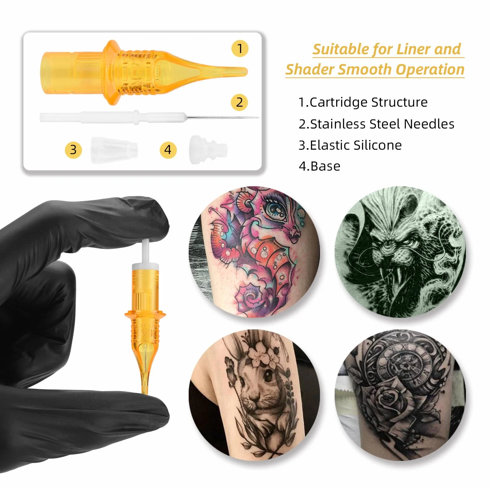 ATOMUS 10pcs Tattoo Cartridge Needles Kit 3RL Needles 100pcs Silicone Tattoo Ink Cup and 10pcs Rubber Bands Clip Cord Bag Black Bandage