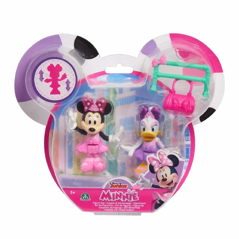 Just Play 89961 Disney Junior ruchome figurki kolekcjonerskie, zestaw do zabawy z torbą i drążkiem, 2-pak, zestaw baleriny Minnie Mouse i Daisy Duck, 5 cm, od 3 lat, wielokolorowy