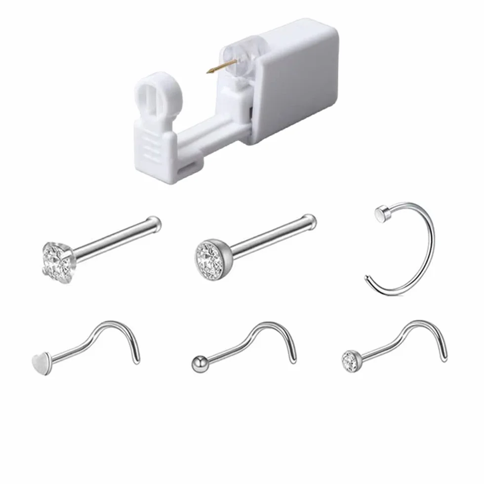 Jednorazowy pistolet do piercingu i kolczyki nos z 6 kolczykami, bezbolesny, do nosa i ucha, samodzielny piercing, dla dziewcząt, kobiet