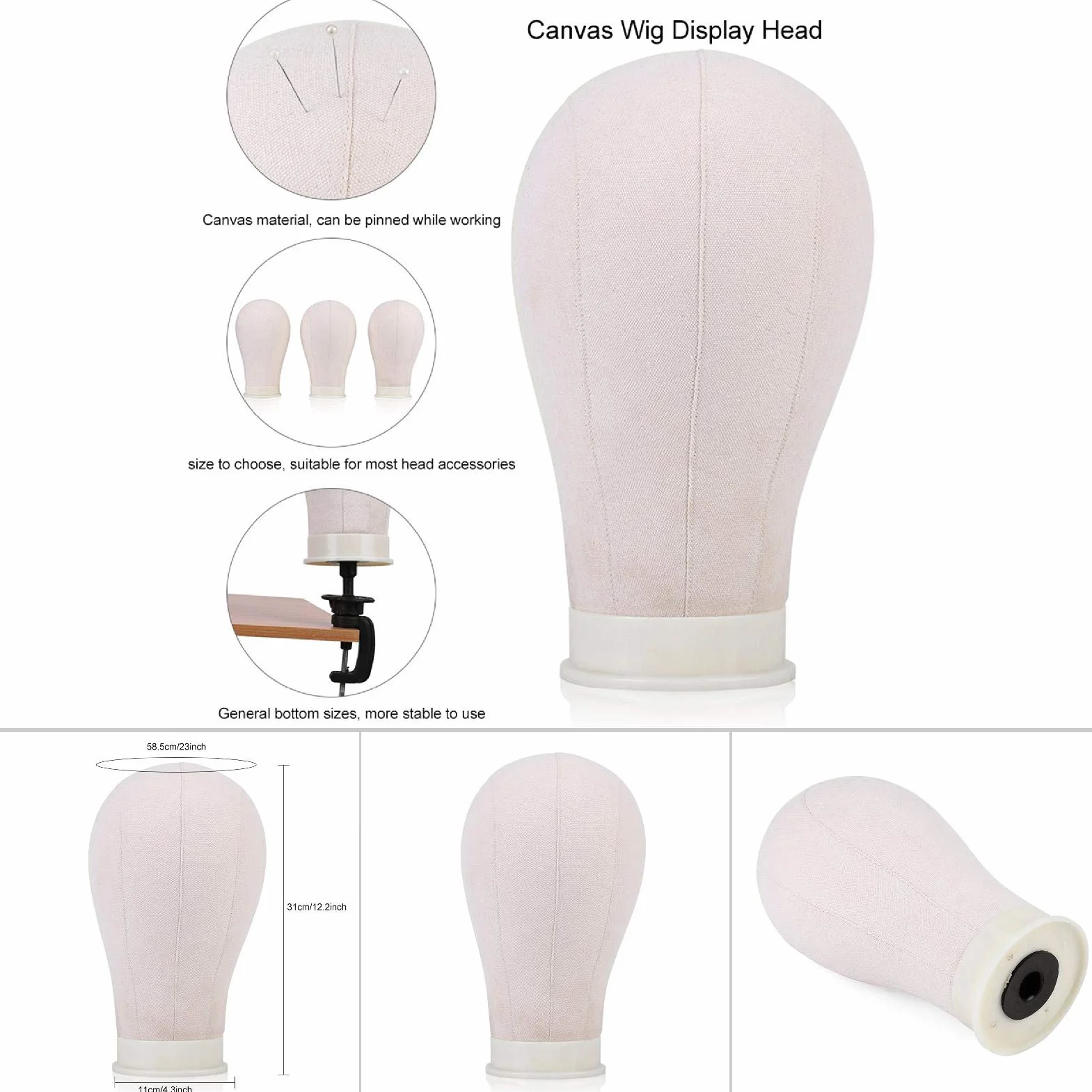 Manekin Head, stojak na perukę, 3 rozmiary, stojak na perukę, zestaw bloków do robienia peruk i czapek (60 cm)
