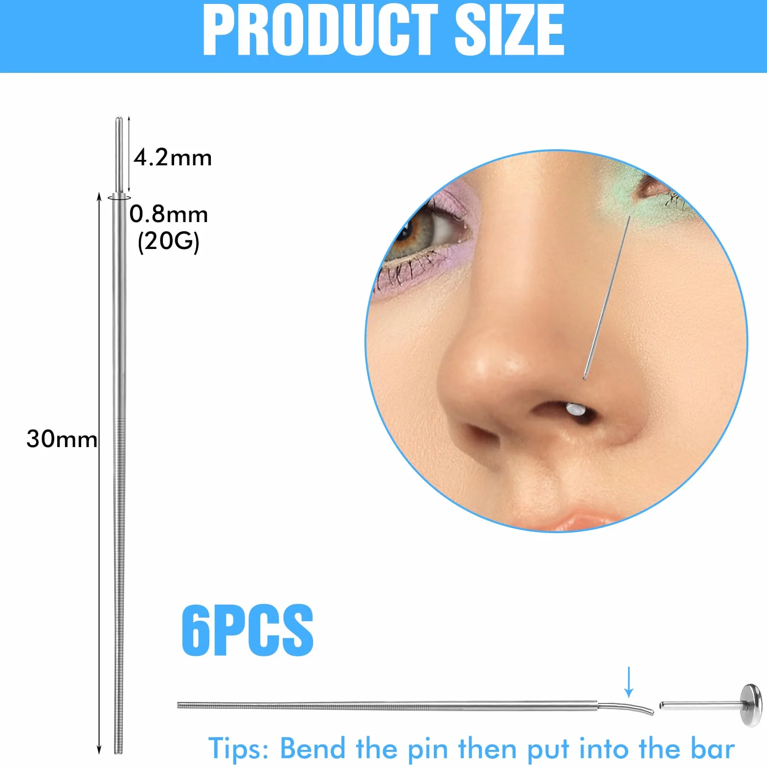 Yolev 6 szt. stożek do przekłuwania ze stali nierdzewnej 20G 0,8 mm narzędzie do zmiany piercingu, pomoce w przebiciu, zestaw do przekłuwania stożka ciała