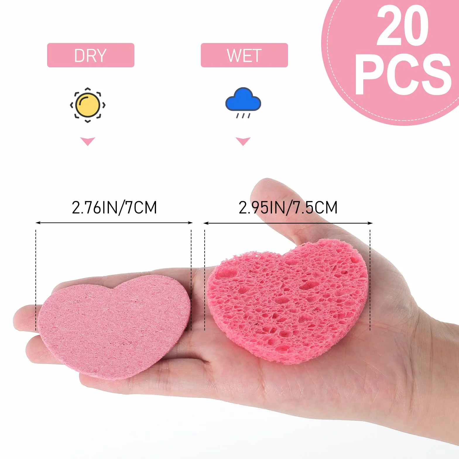 WLLHYF Zestaw 20 gąbek z naturalnej celulozy do oczyszczania twarzy, oczyszczania twarzy, usuwania makijażu, złuszczania porów (serce i różowy)