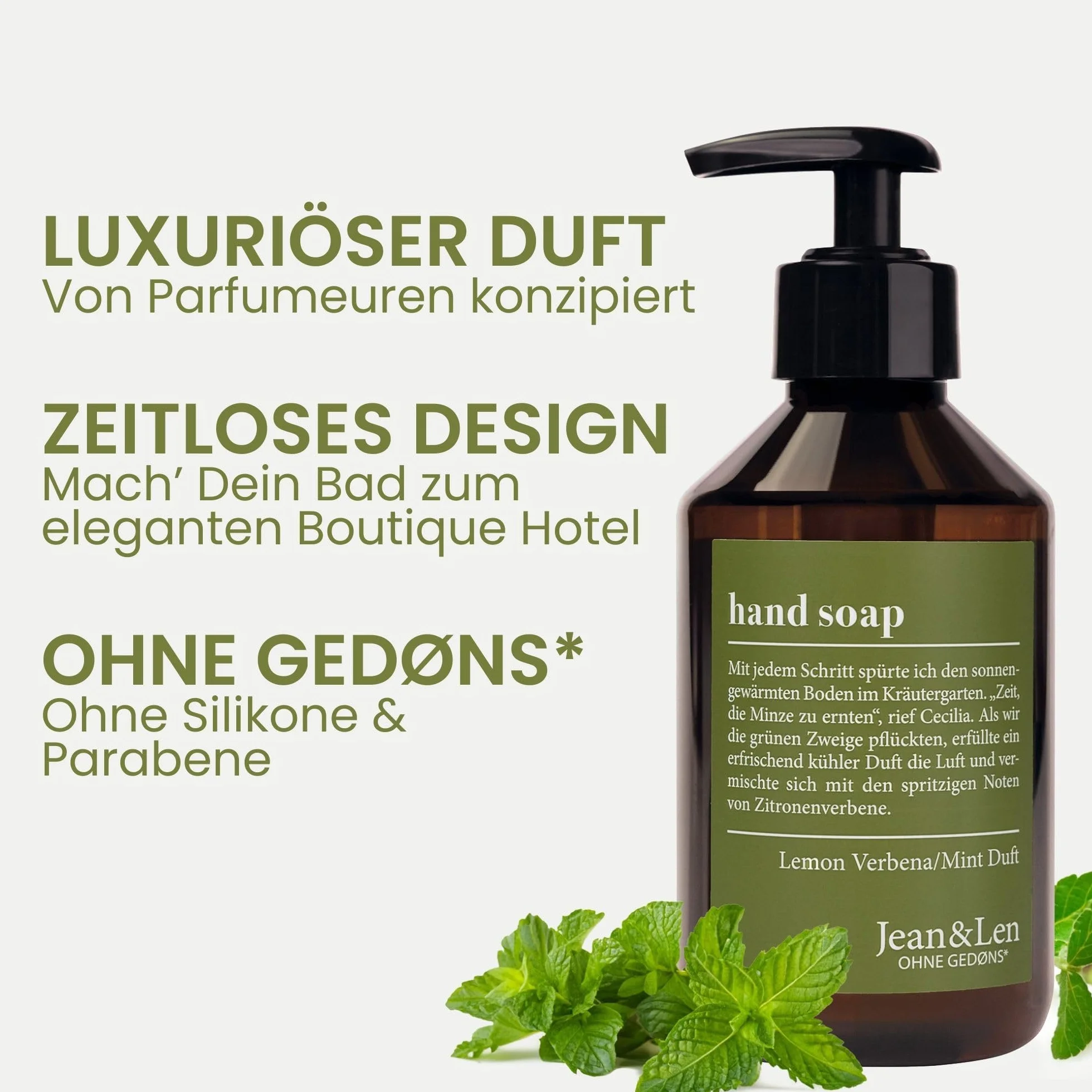 Jean & Len Mydło do rąk Lemonverbena i mięta, czyści zmęczone dłonie, nadaje się do codziennego użytku, mydło w płynie w dozowniku z pompką, cytrusowy zapach, wegańskie, 250 ml