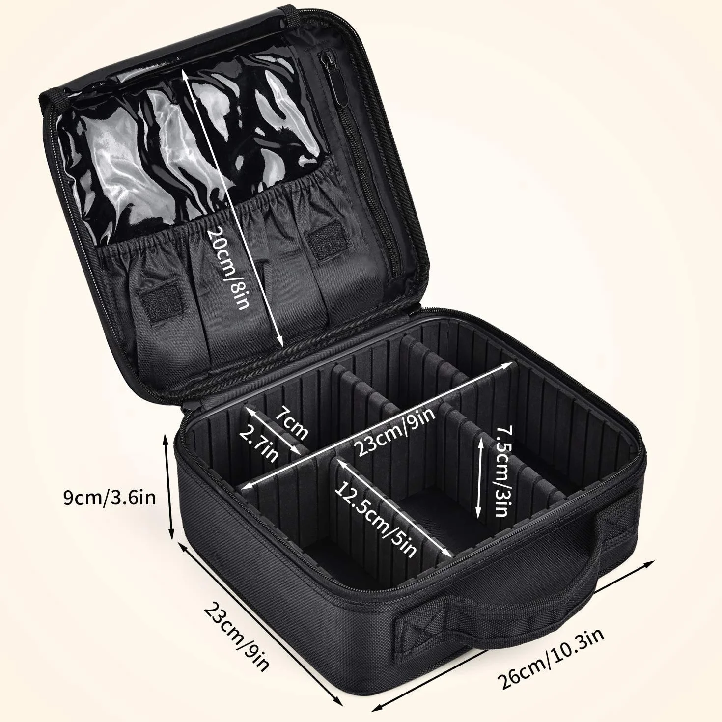 Podróżna kosmetyczka profesjonalna kosmetyczka, etui na przybory fryzjerskie, organizer z regulowaną przegródką, tkanina Oxford, czarna, Czarny, 26x23x9cm
