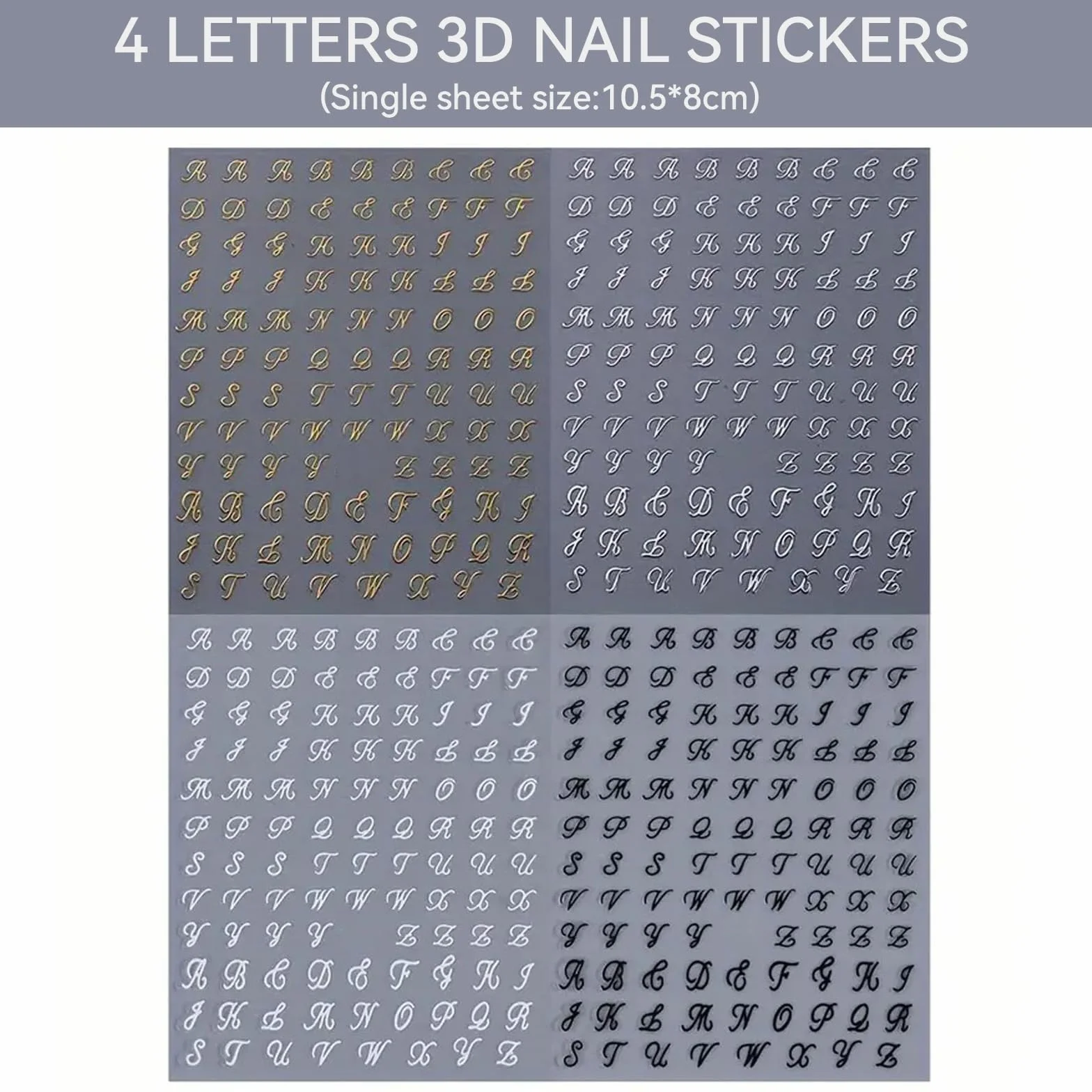 BelleVive naklejki na paznokcie 4 arkusze retro angielskie litery 3D samoprzylepne