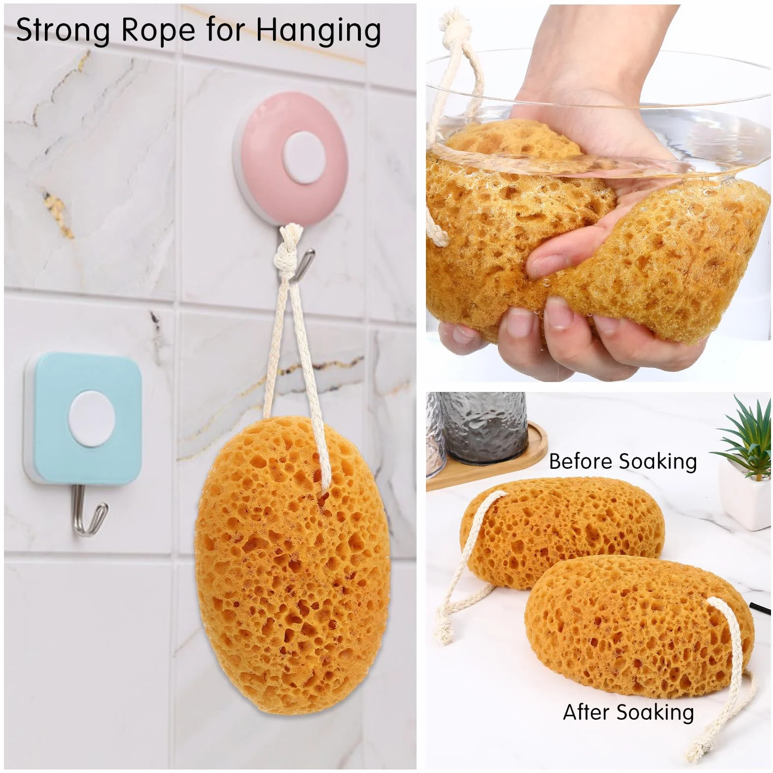 TIESOME Gąbki do kąpieli, 2 sztuki, naturalna gąbka do kąpieli, 15,5 cm, peeling, gąbka do ciała, gąbka do ciała, ze sznurkiem, głębokie czyszczenie, bardzo miękkie, akcesoria prysznicowe dla kobiet i