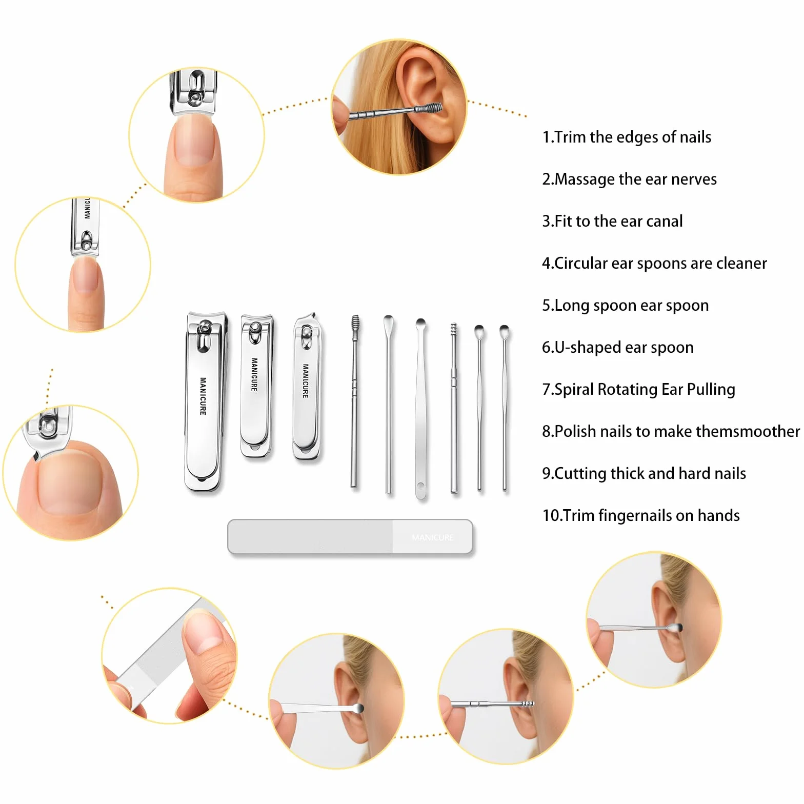 Profesjonalny zestaw do manicure 10‑szt. – Obcinaczki do paznokci, obcinacz, narzędzia do skórek – trwałe narzędzia ze stali nierdzewnej – idealne prezenty i pielęgnacja paznokci, do podróży i domu