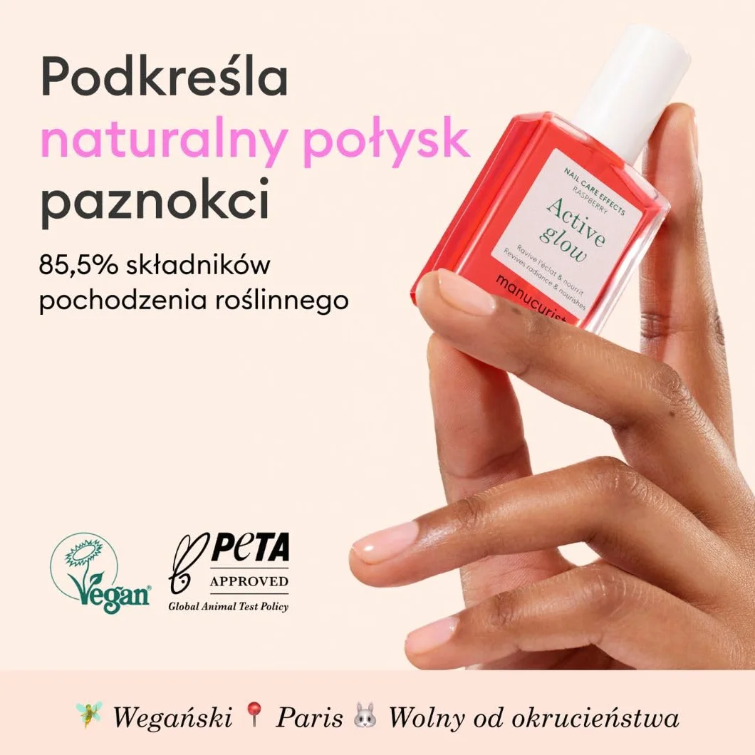Manucurist Active Glow Pielęgnujący biolakier do paznokci, różowy (Raspberry) słodki migdał, malina, odżywczy i błyszczący lakier do paznokci, przezroczysty róż, lakier Nude