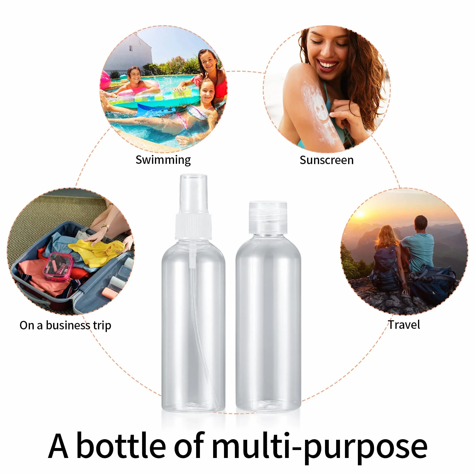 Zestaw podróżnych butelek 100ml plastikowe z 2 dyszami i 2 lejkami