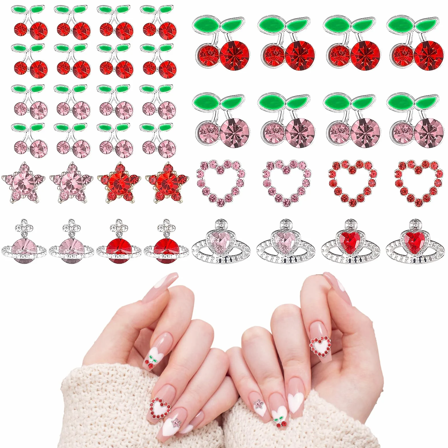 Qianyu 40 sztuk zawieszek do paznokci 3D, dekoracja paznokci, śliczne zawieszki do paznokci, wiśniowe, kamienie stras, akcesoria do paznokci, diamenty do manicure DIY, rzemiosła, biżuterii, akcesoria,