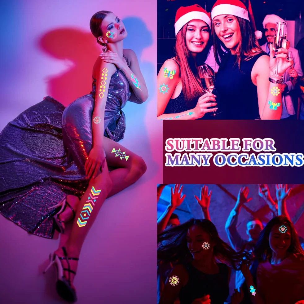 ACWOO Neonowe tatuaże tymczasowe, 20 szt., 200 + wiele wzorów, świecące w ciemności, sztuczne wodoodporne naklejki tatuażowe, akcesoria na festiwal rave, akcesoria dla kobiet, dziewcząt, artykuły