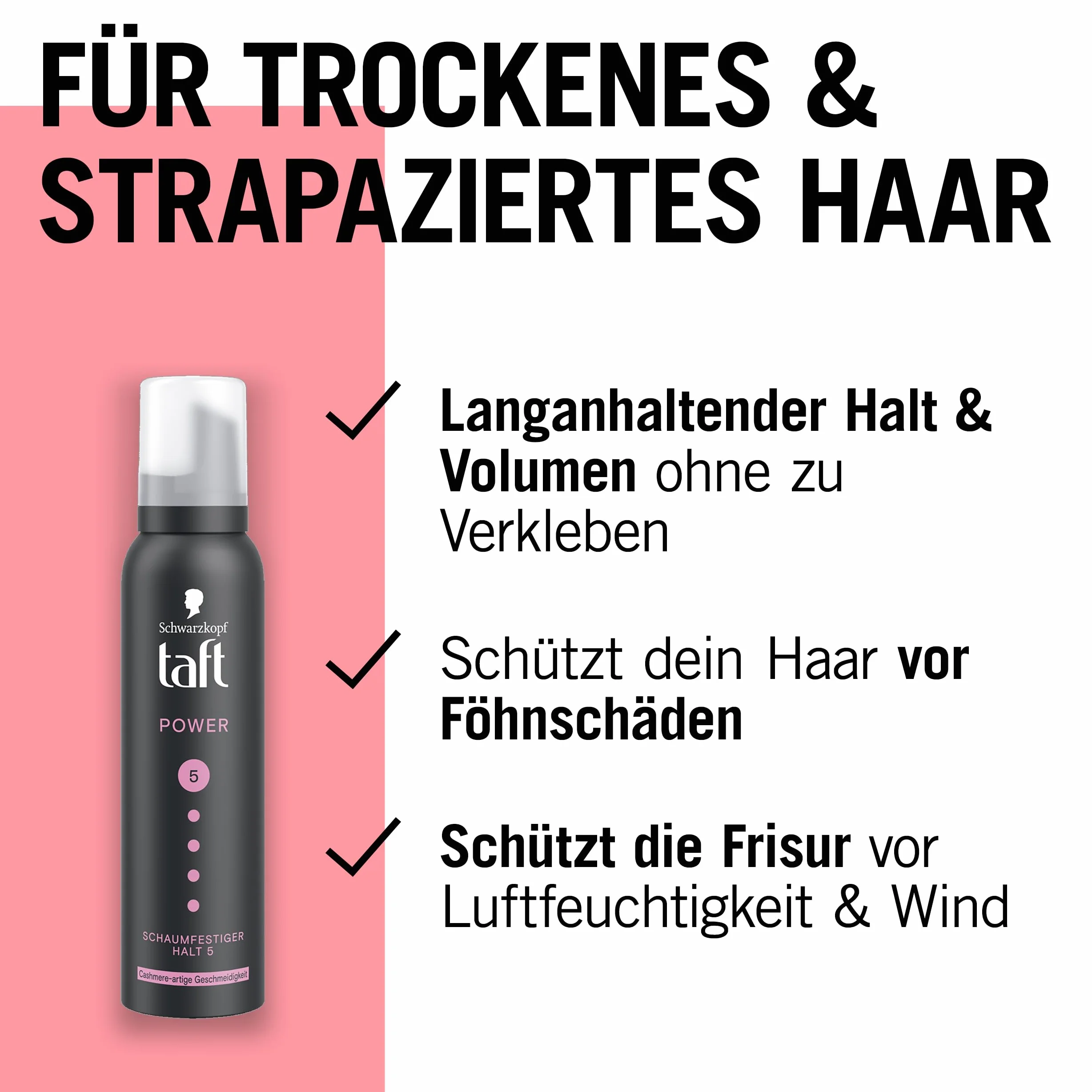 Schwarzkopf Taft Pianka Power Cashmere (150 ml), stopień trwałości 5, pianka do włosów suchych i zniszczonych włosów, mus do włosów o elastyczności przypominającej kaszmir, wegańska formuła