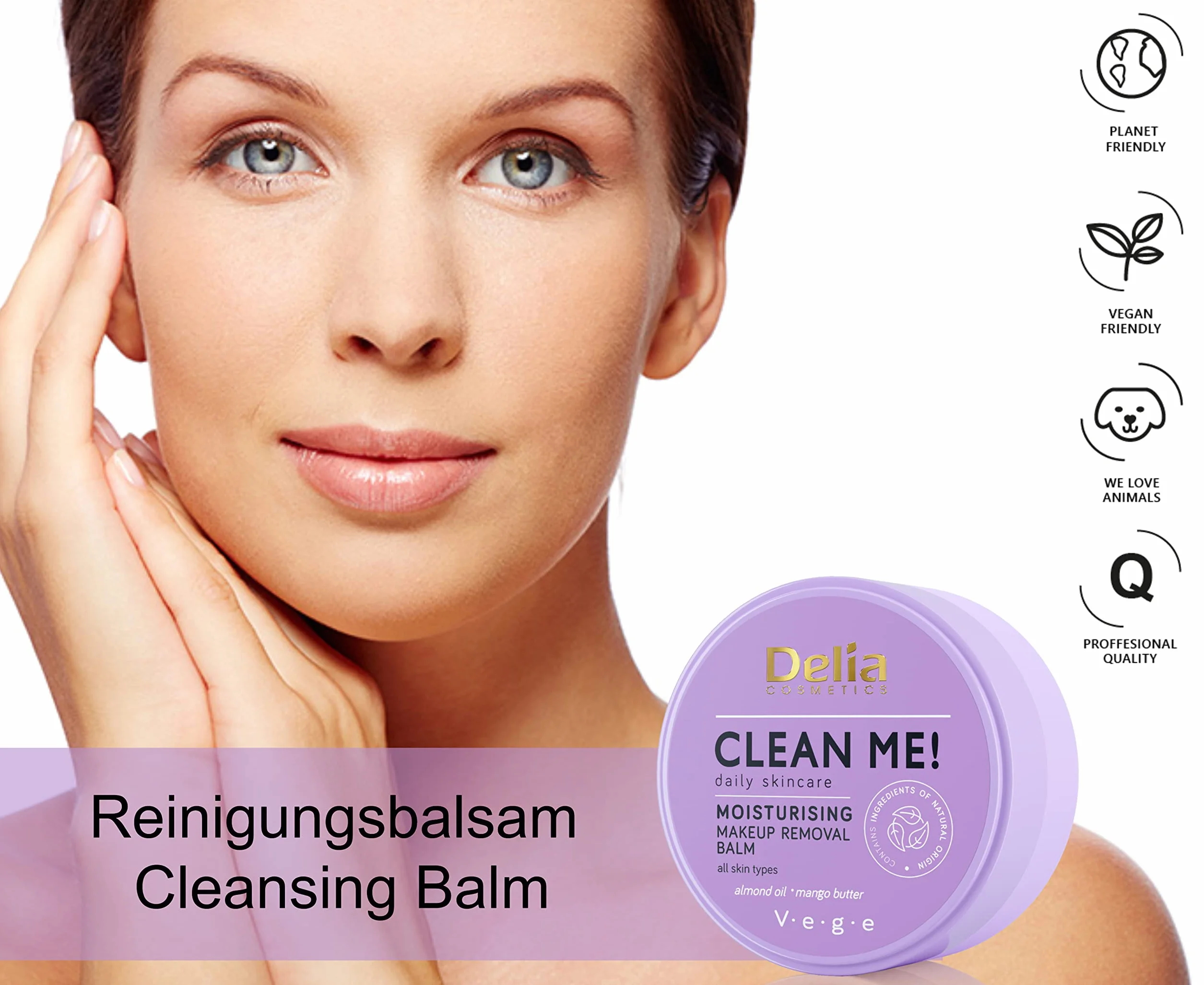 Delia Cosmetics Clean Me – balsam do demakijażu twarzy i oczu – wszystkie rodzaje skóry – olejek migdałowy, masło kakaowe, masło mango – oczyszcza, nawilża – wegański kosmetyk – 40 g