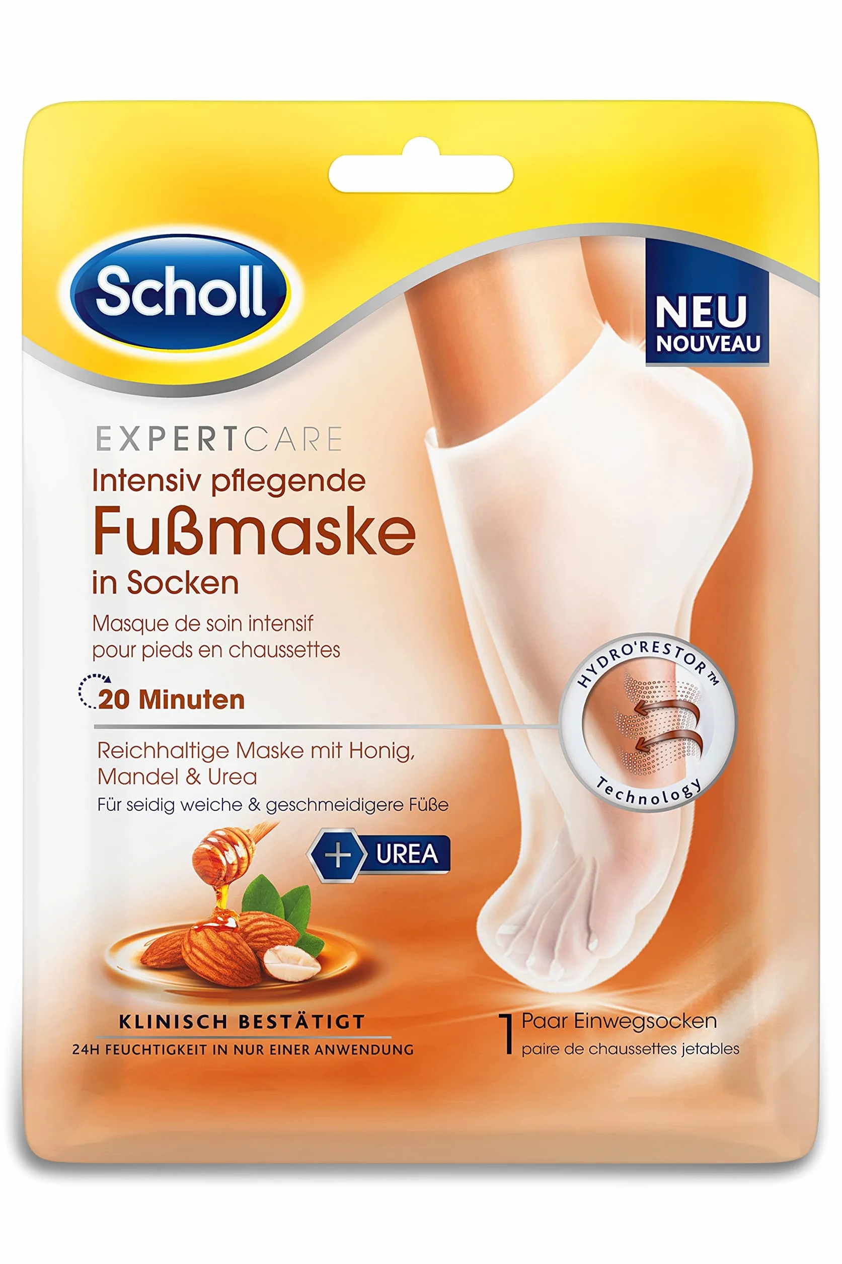 Scholl Expertcare intensywnie pielęgnująca maska do stóp w skarpetkach z miodem i migdałami – 1 para jednorazowych skarpet