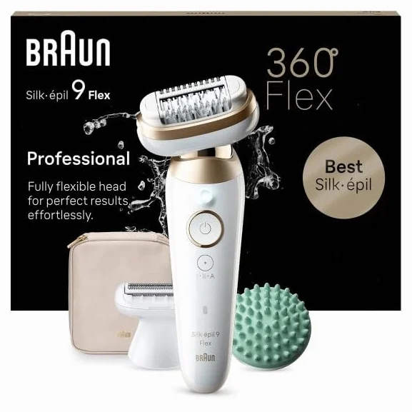 Braun Silk-épil 9 Flex, depilator damski/depilator do długotrwałego usuwania włosów, nasadka do golenia, nakładka do masażu, Made in Germany, 9-071 3D, biały/złoty