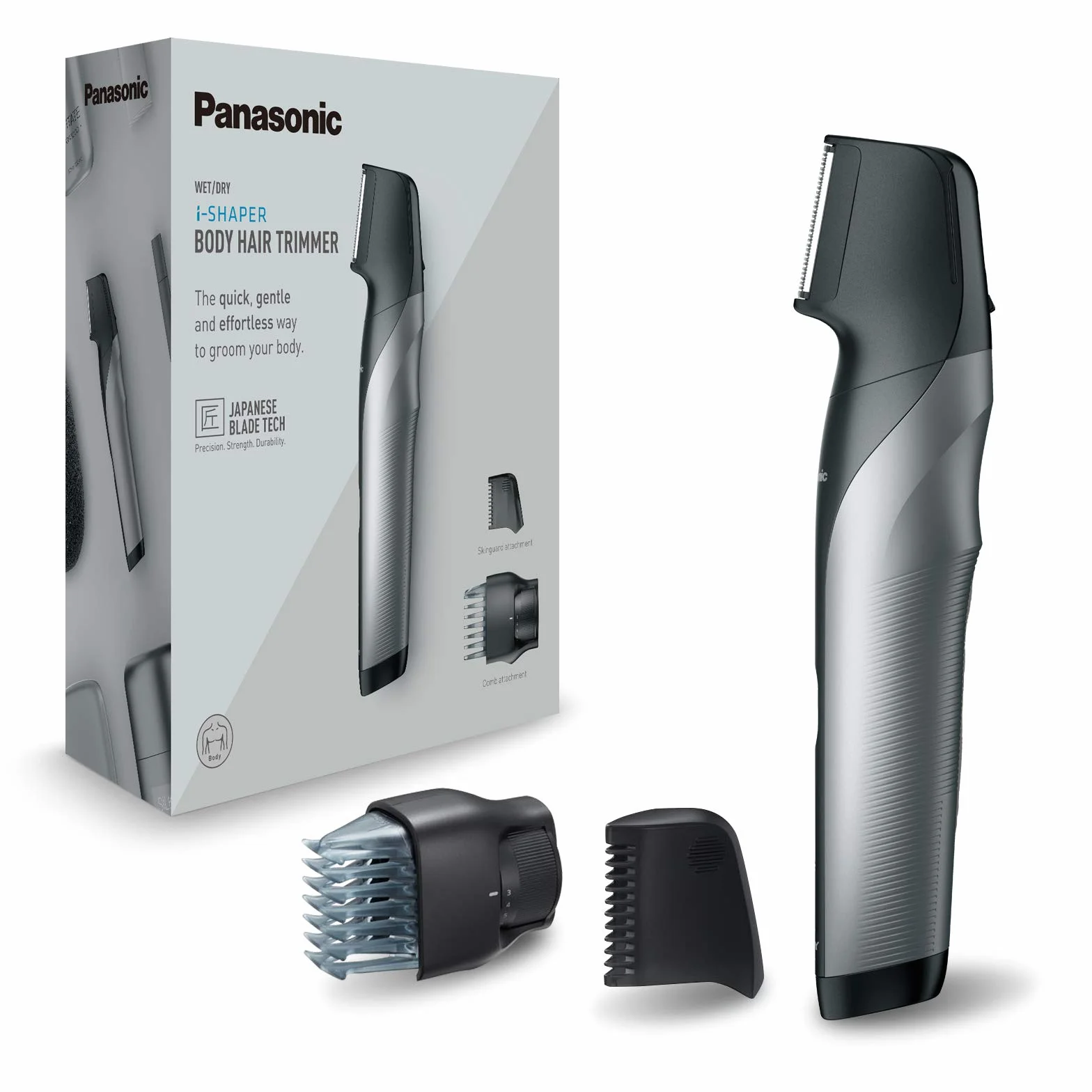 Panasonic ER-GK80 trymer do zarostu I-Shaper (10 ustawień długości w zakresie 3-12mm, nasadka grzebieniowa, ładowanie 1h, bezprzewodowy), srebrny