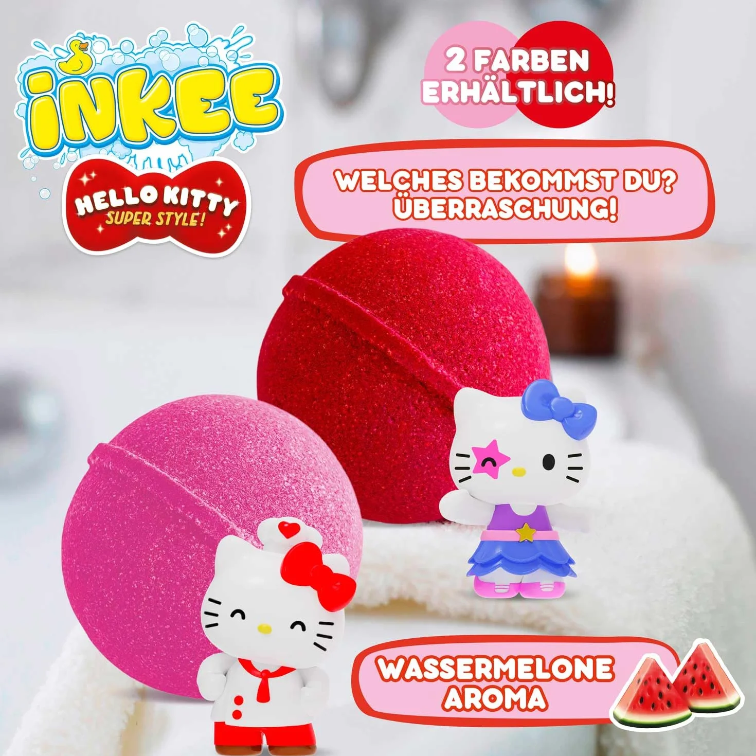 INKEE Hello Kitty – Bomba do Kąpieli dla Dzieci z Niespodzianką – 1 z 6 Figurek Hello Kitty do Zebrania – Kula do Kąpieli 80g z Aromatem Arbuza i Olejem Jojoba, Różowa lub Czerwona