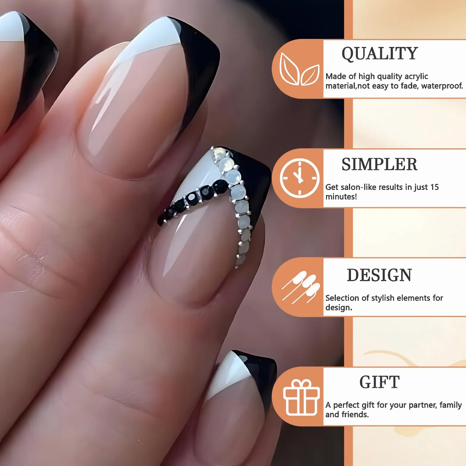 GlamRays 24 sztuki Press On Nails krótkie coffin kwadratowe sztuczne paznokcie z czarno-białymi francuskimi paznokciami z błyszczącymi sztucznymi paznokciami z klejem na paznokciach