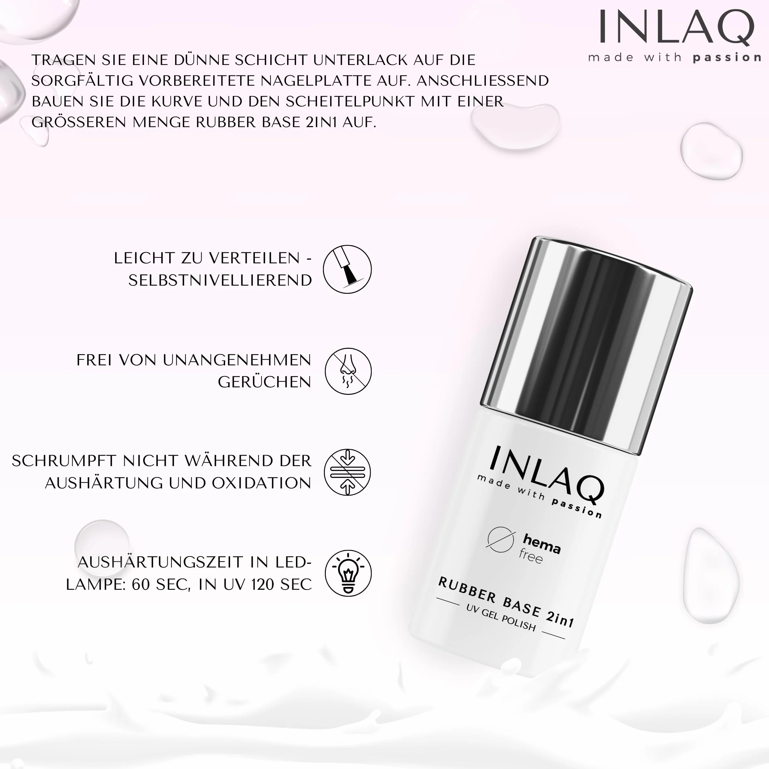 INLAQ 2 w 1 Rubber Base Gel UV HEMA Free Blush 6 ml – Żelowy Lakier do Paznokci, Twardy Żel Bazowy