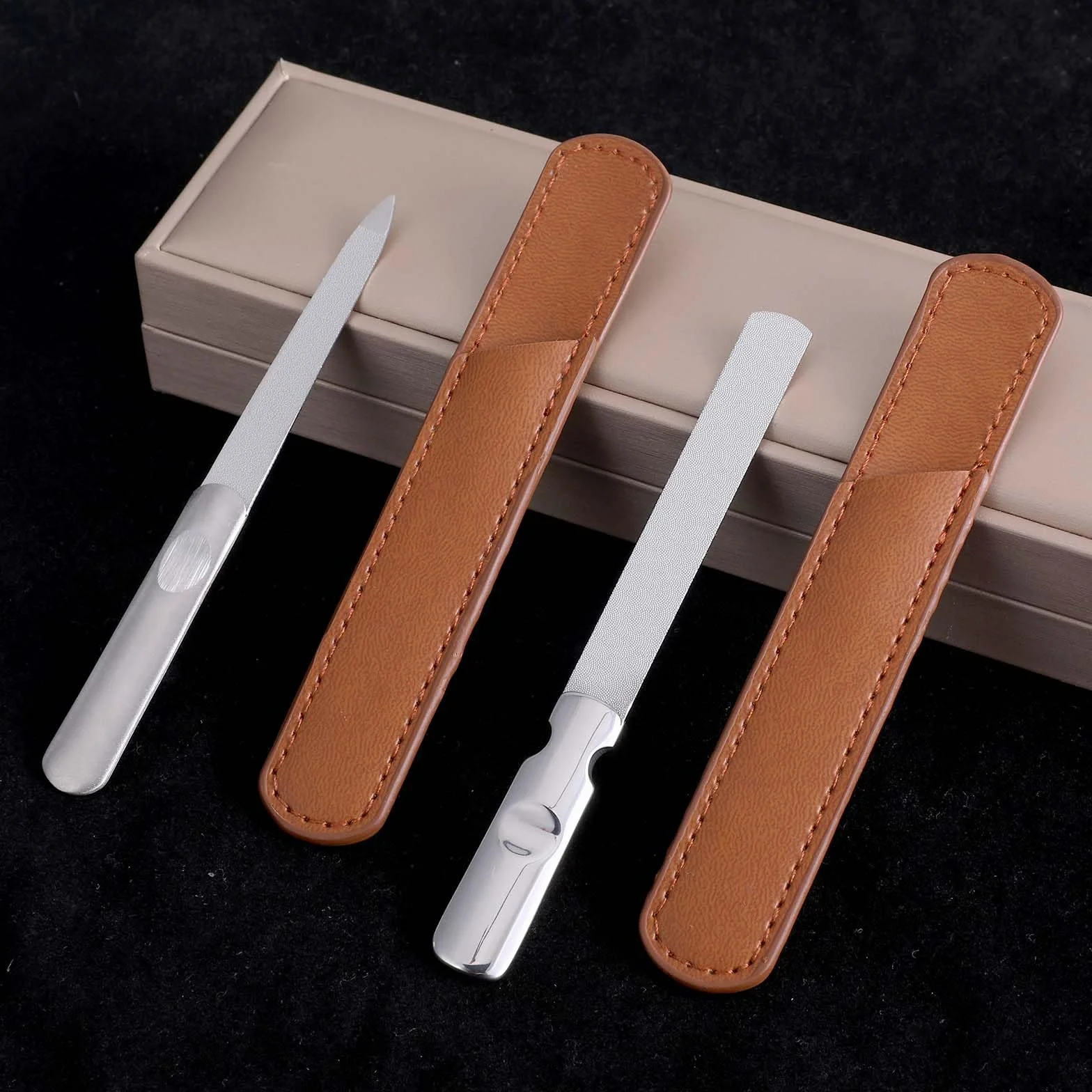 2 x profesjonalny pilnik do manicure ze stali nierdzewnej ze skórzanym etui, dwustronne polerowane pilniki do paznokci, naturalny pilnik do paznokci z antypoślizgowym uchwytem do manicure, pedicure