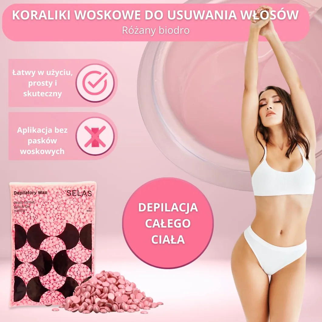 SELAS Kulki wosku z dzikiej róży 400 g Twarde gorące kulki do depilacji twarzy i ciała