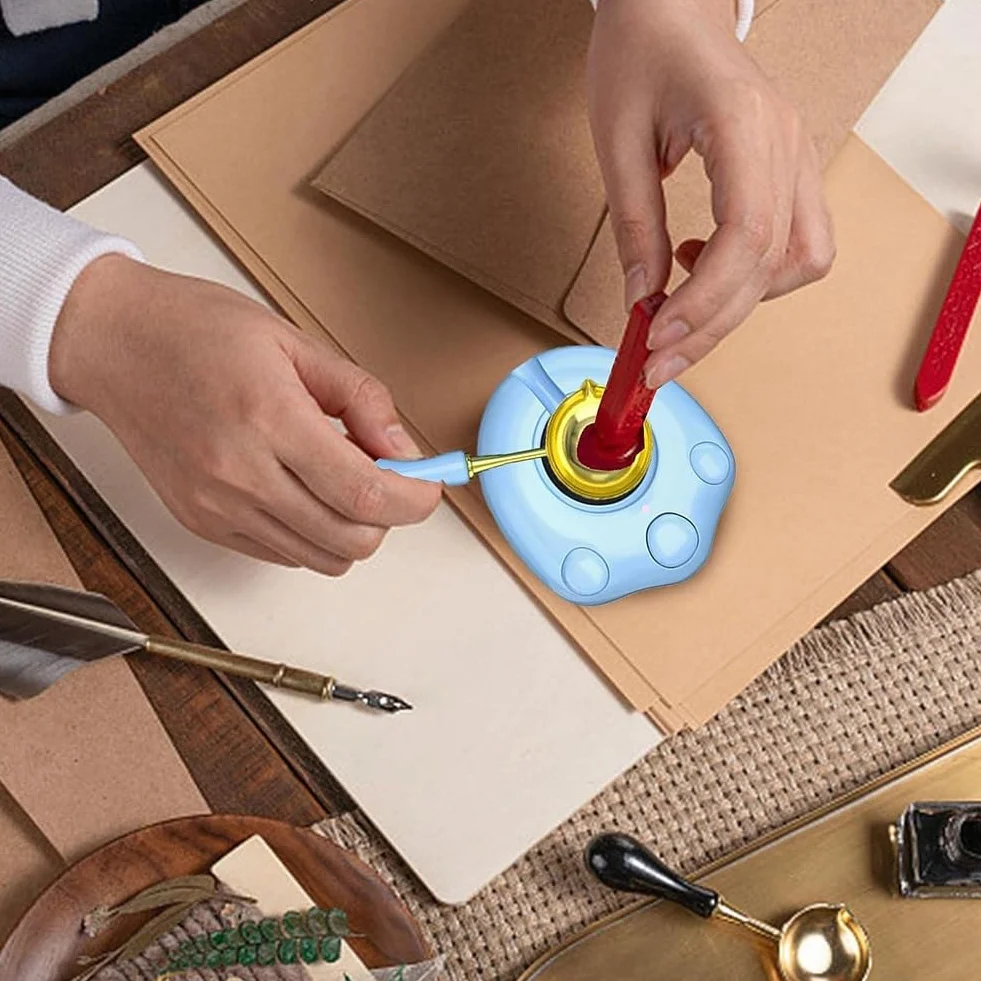 Elektryczny podgrzewacz do pieczęci woskowych, do topienia pieczęci woskowych, do topienia koralików, patyczki do pieczęci woskowych, niebieski