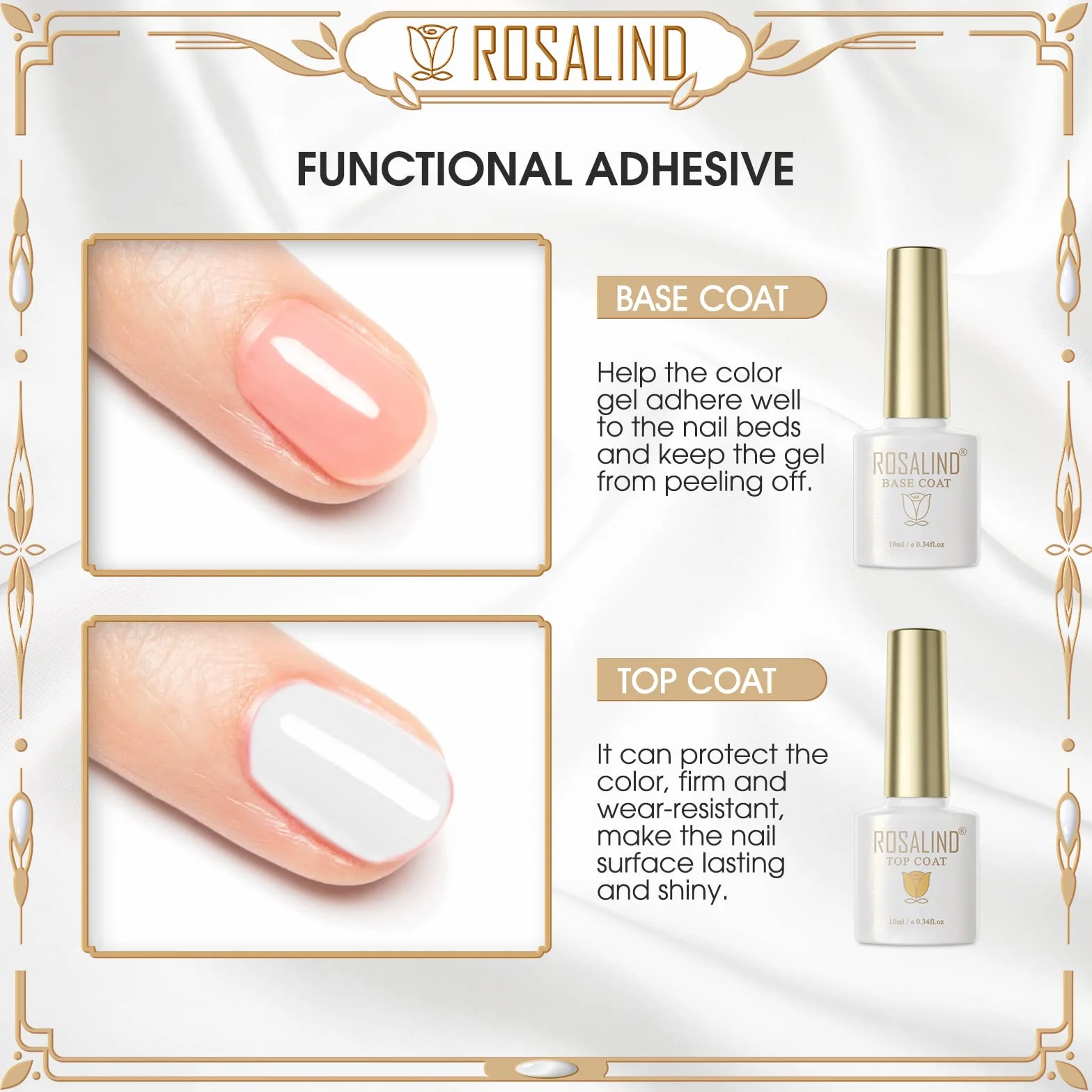 ROSALIND Base Coat i Top Coat lakier żelowy UV LED Soak Off Gel Polish Baza i Top Coat Zestaw do Manicure 2 szt. 10ml