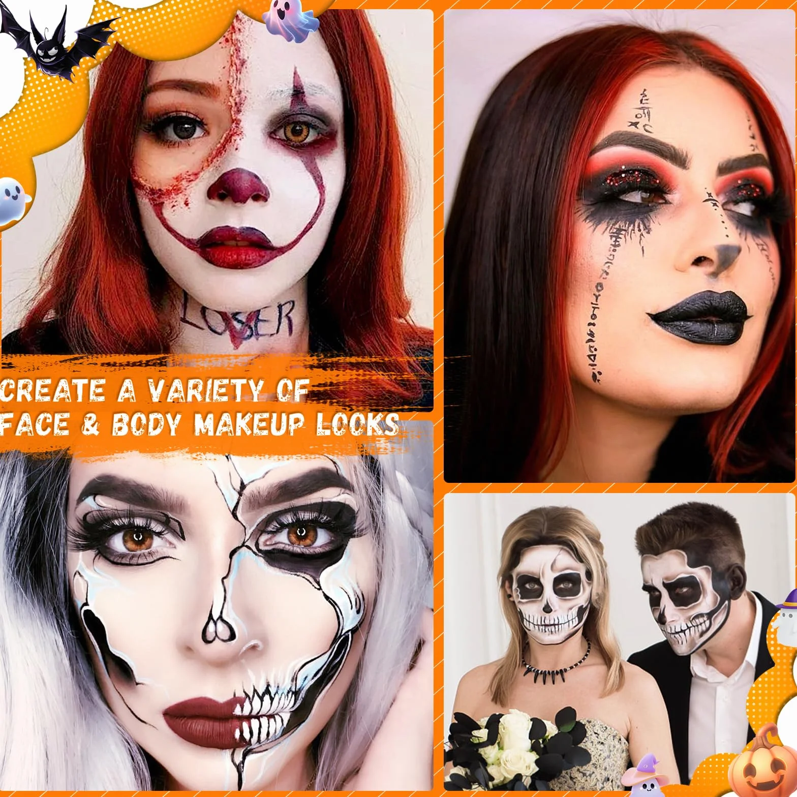 TonJin Zestaw farb do twarzy i ciała, nietoksyczny, profesjonalny zestaw farb do malowania twarzy i ciała, 3 pędzle, dla dzieci i dorosłych, na Halloween, imprezę, cosplay, klaun, makijaż SFX