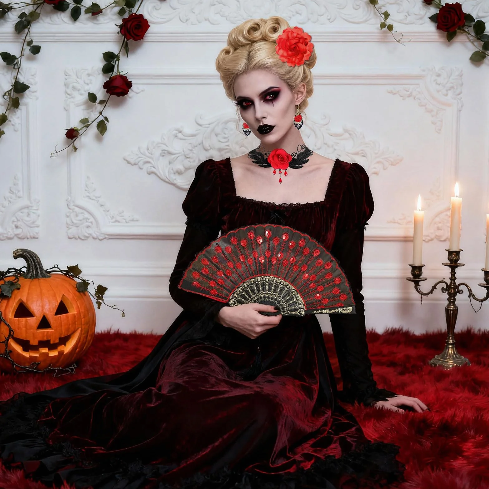 Haftowany wachlarz choker kolczyki kwiat róży spinka do włosów hiszpański kostium tancerki flamenco