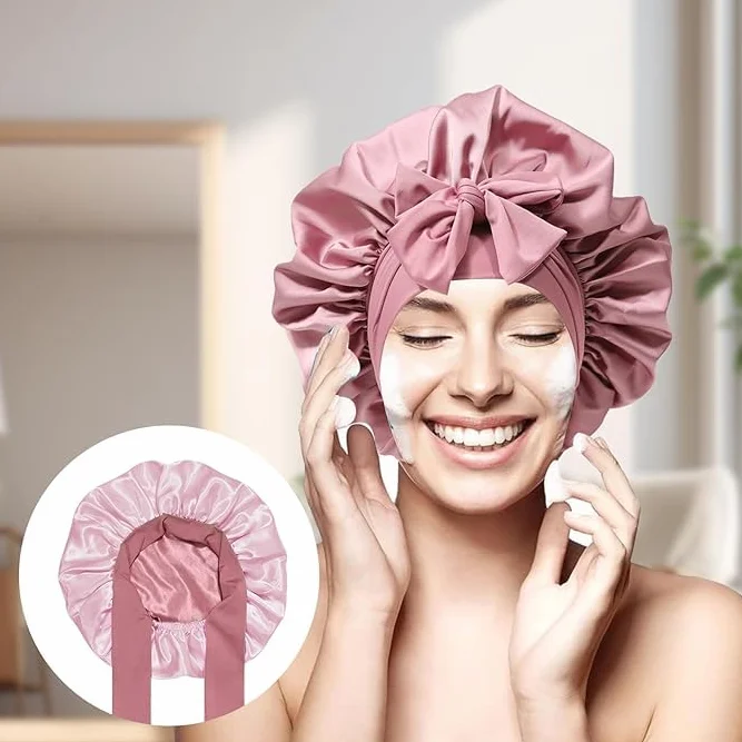 Satin Bonnet Night Sleep Cap, dwustronny jedwabny kaptur do spania, regulowana jedwabna czapka, jedwabne loki, oddychająca jedwabna czapka do spania dla kobiet, kręcone, długie włosy, różowa, Rosa, 60