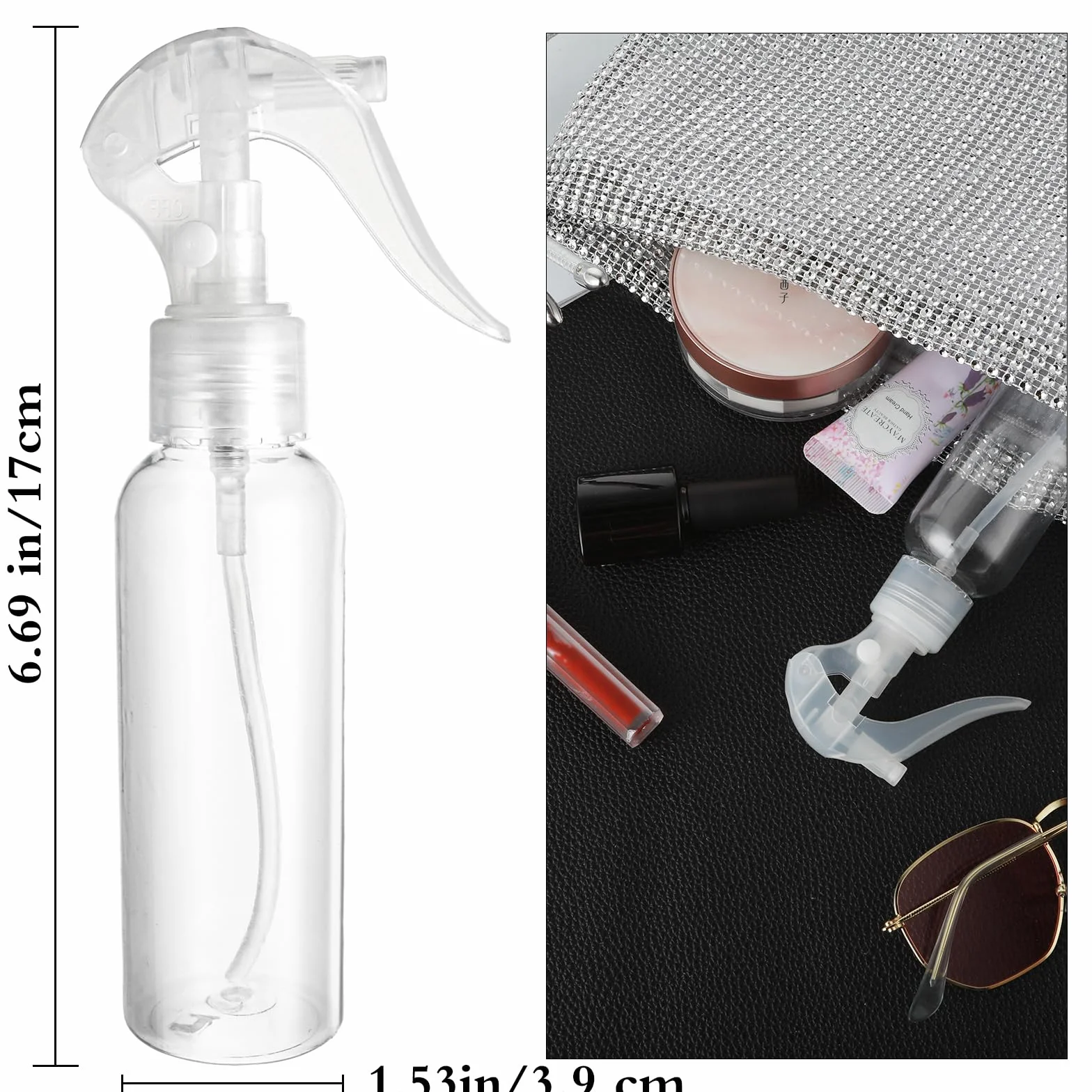 WLLHYF Zestaw 2 małych butelek z rozpylaczem 100 ml, z tworzywa sztucznego, przezroczyste, puste butelki podróżne, delikatna mgiełka, pojemnik na płyn do salonów, olejki eteryczne
