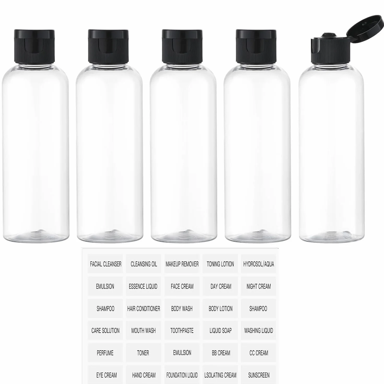 PIQIUQIU Zestaw butelek podróżnych, 5 sztuk (100 ml) – pojemniki na płyn do bagażu podręcznego, przezroczyste, szczelne, przezroczyste, z 1 kartką z etykietami