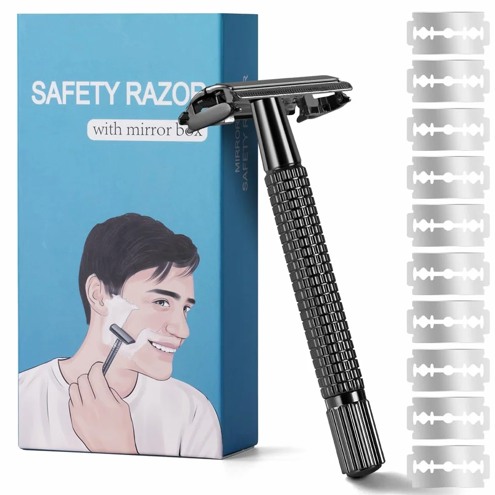 URAQT Maszynka do golenia męska, 2-stronna głowica, Safety Razor, golarka na mokro ze stali nierdzewnej, wysokiej jakości maszynka do golenia w stylu vintage, z 10 ostrzami do golenia, etui podróżnym