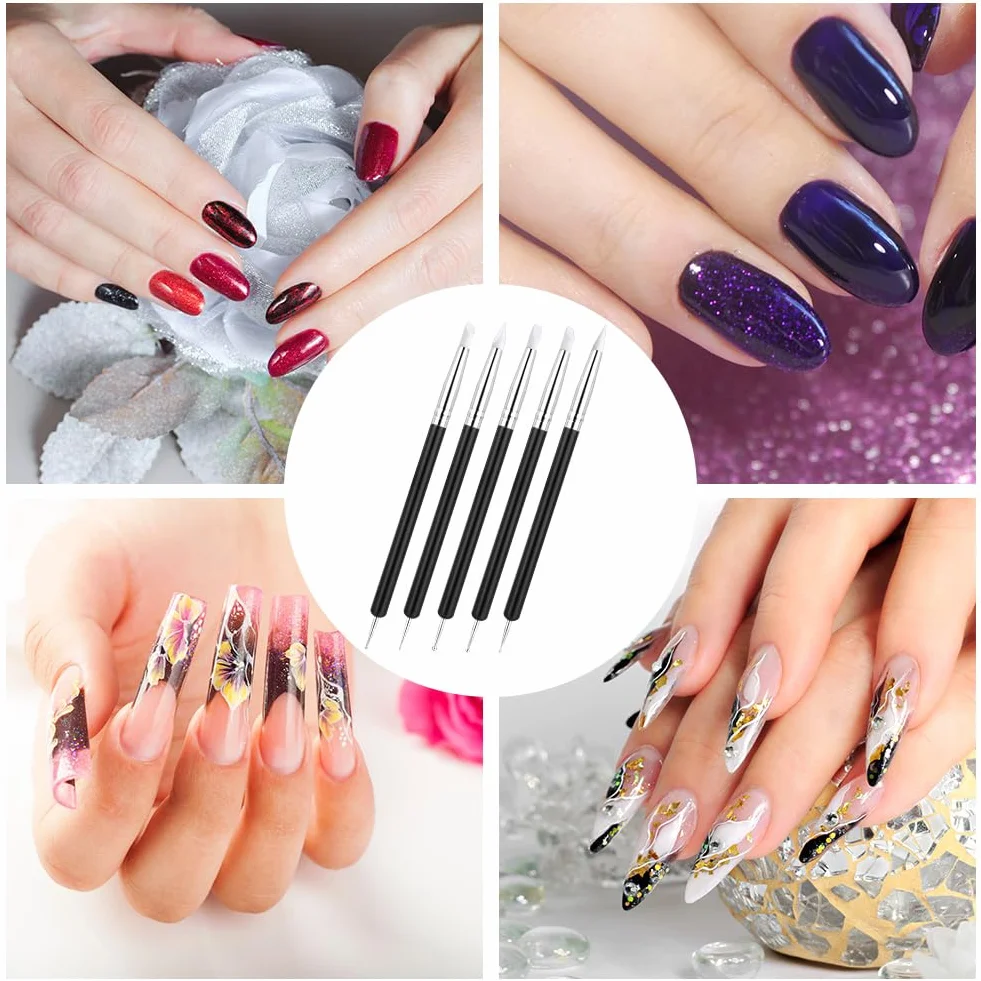 5 szt. Pióro do Rzeźbienia Nail Art, Silikonowe Narzędzia do Paznokci z Podwójną Końcówką, Narzędzie do Kropkowania z Podwójnym Końcem, Pióro do Rzeźbienia Lakieru do Paznokci z Kryształkami