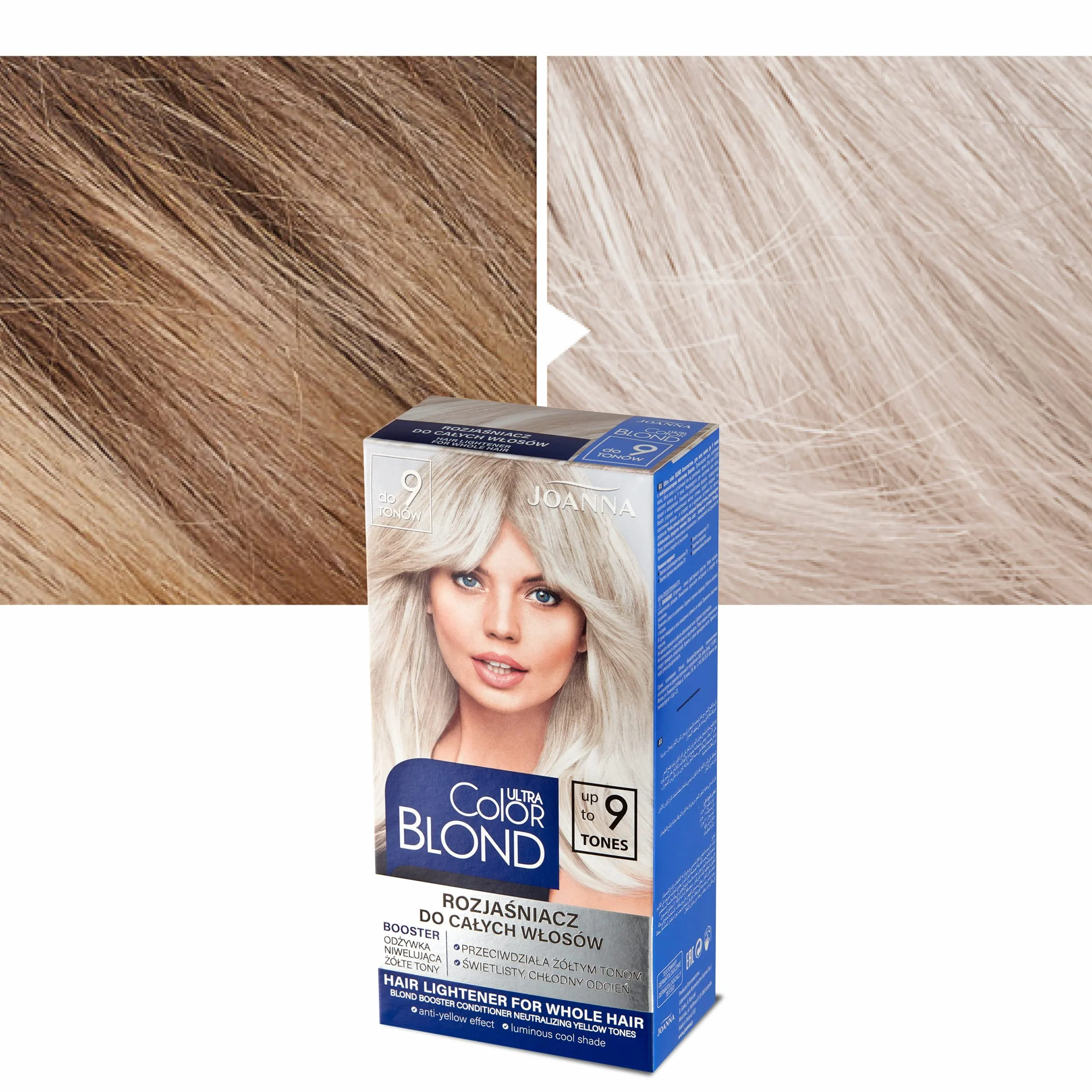 JOANNA Ultra Color Blond rozjaśniacz do włosów, rozjaśnianie włosów, do 9 odcieni, długotrwały połysk i czystość koloru blond, do pasemek i balejażu, chłodny odcień