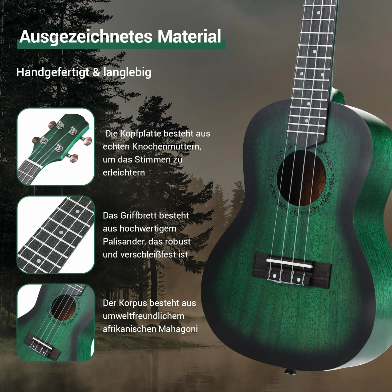 Ukulele Sopranowe dla Dzieci i Dorosłych - 21 Cali, Mahoniowe, Hawajskie - Ze Strunami, Paskiem, Kostkami, Gigbag - Mały Instrument Muzyczny