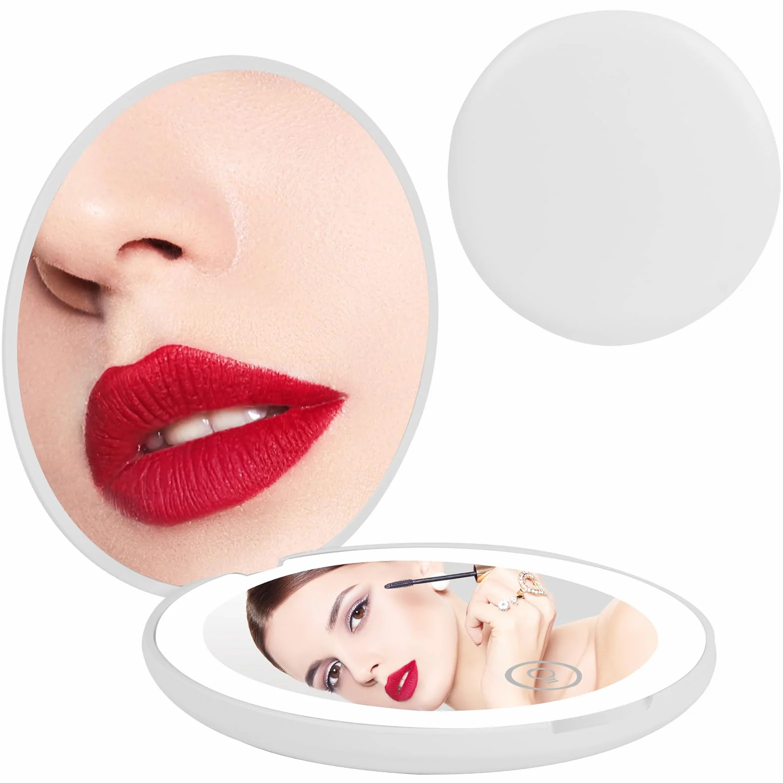 Osdue Przenośne lusterko kieszonkowe LED, mini lusterko kieszonkowe z powiększeniem 1×/10×, dwustronne lusterko do makijażu, podręczne, dwustronne lusterko kosmetyczne, prezent dla dziewcząt, białe