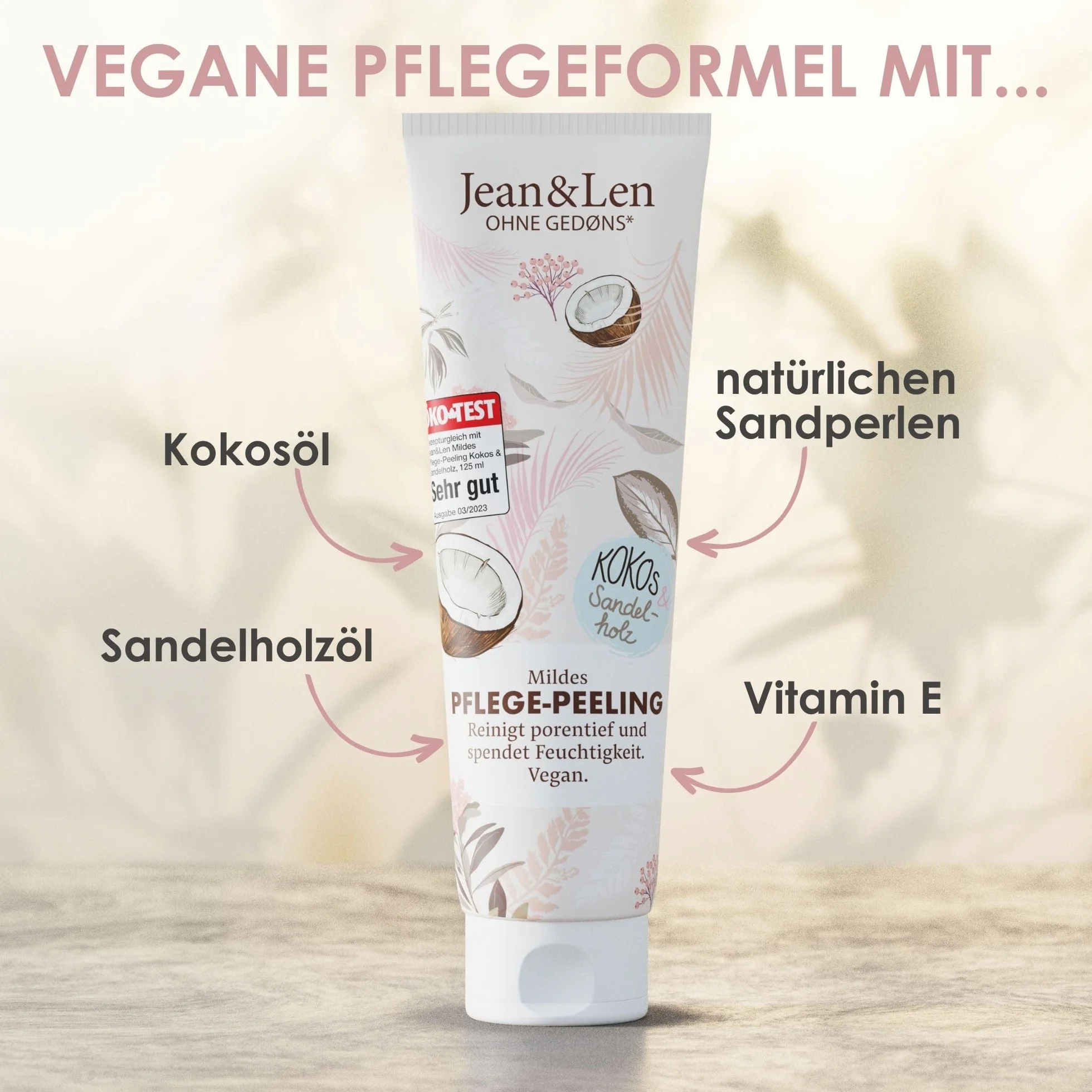 Jean & Len Kremowy peeling pod prysznic, drewno kokosowe i sandałowe, głęboko oczyszcza pory i odżywia skórę, z naturalnymi perłami piaskowymi, peeling do ciała, bez parabenów i silikonów, wegański,